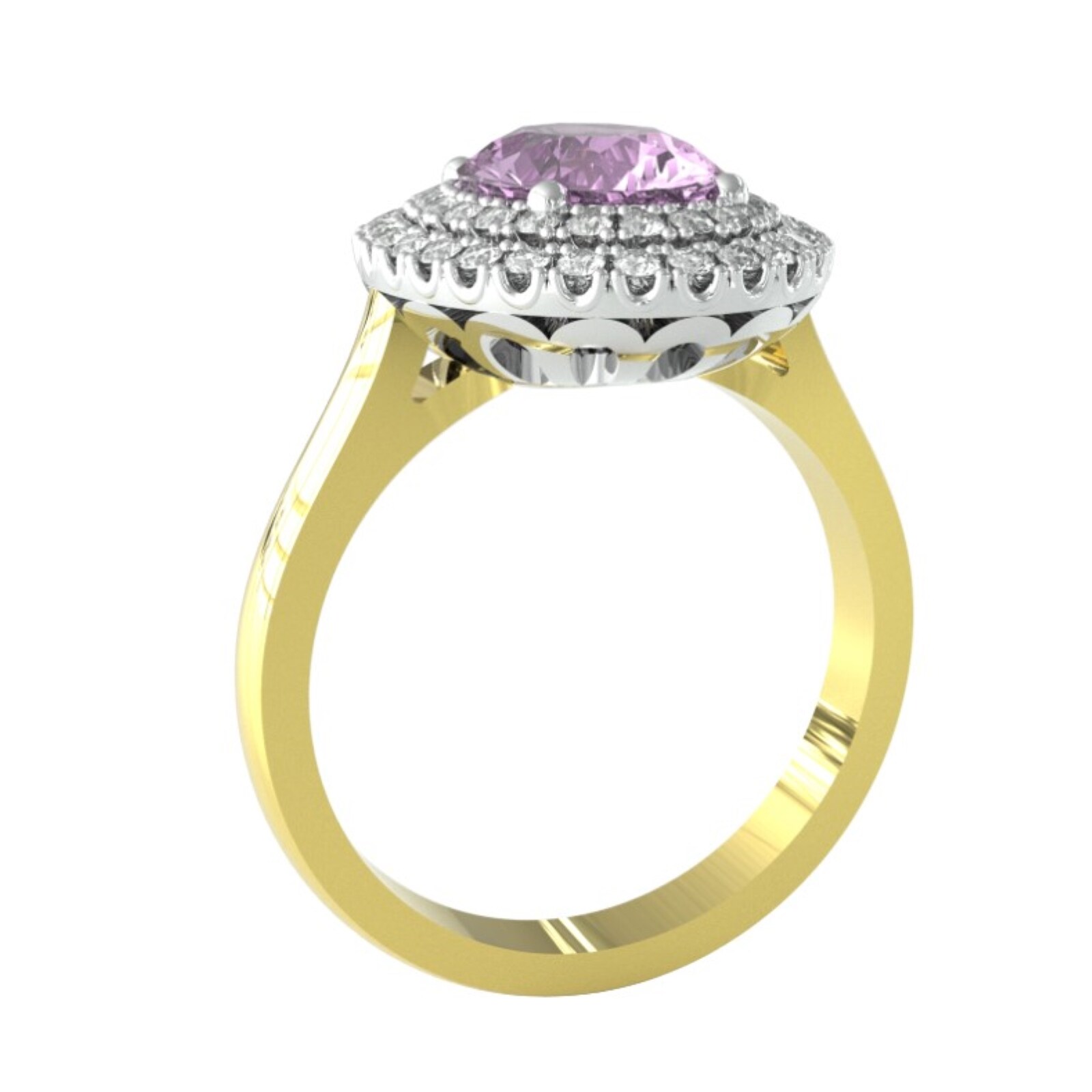 By Request 9ct White & Yellow Gold Amethyst & Diamond Double Halo Cluster Ring - Ring Size A.5