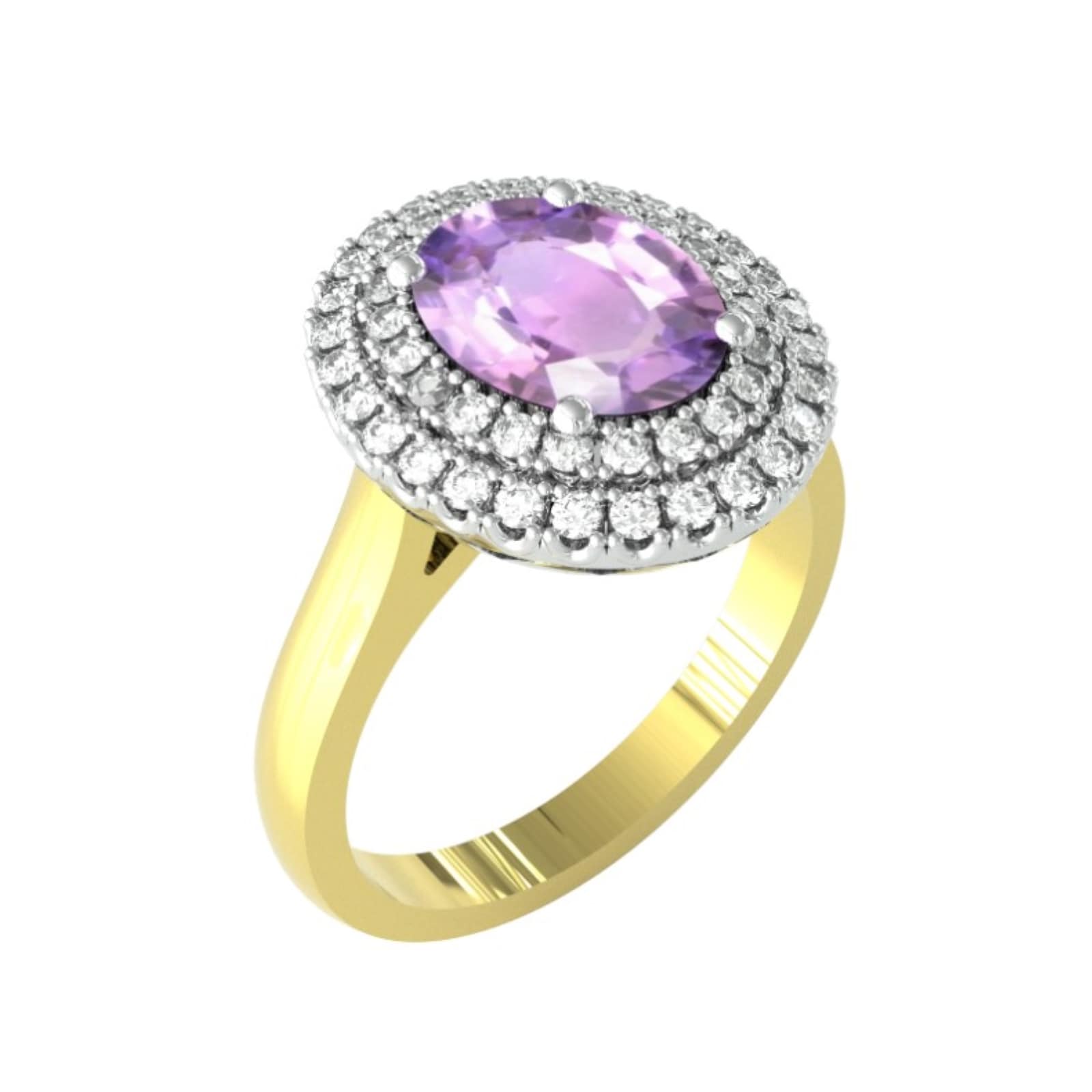 By Request 9ct White & Yellow Gold Amethyst & Diamond Double Halo Cluster Ring - Ring Size A.5