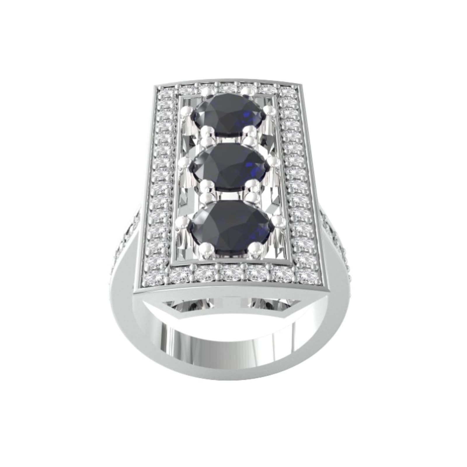 18ct White Gold Art Deco Sapphire & Diamond Plaque Ring - Ring Size D.5