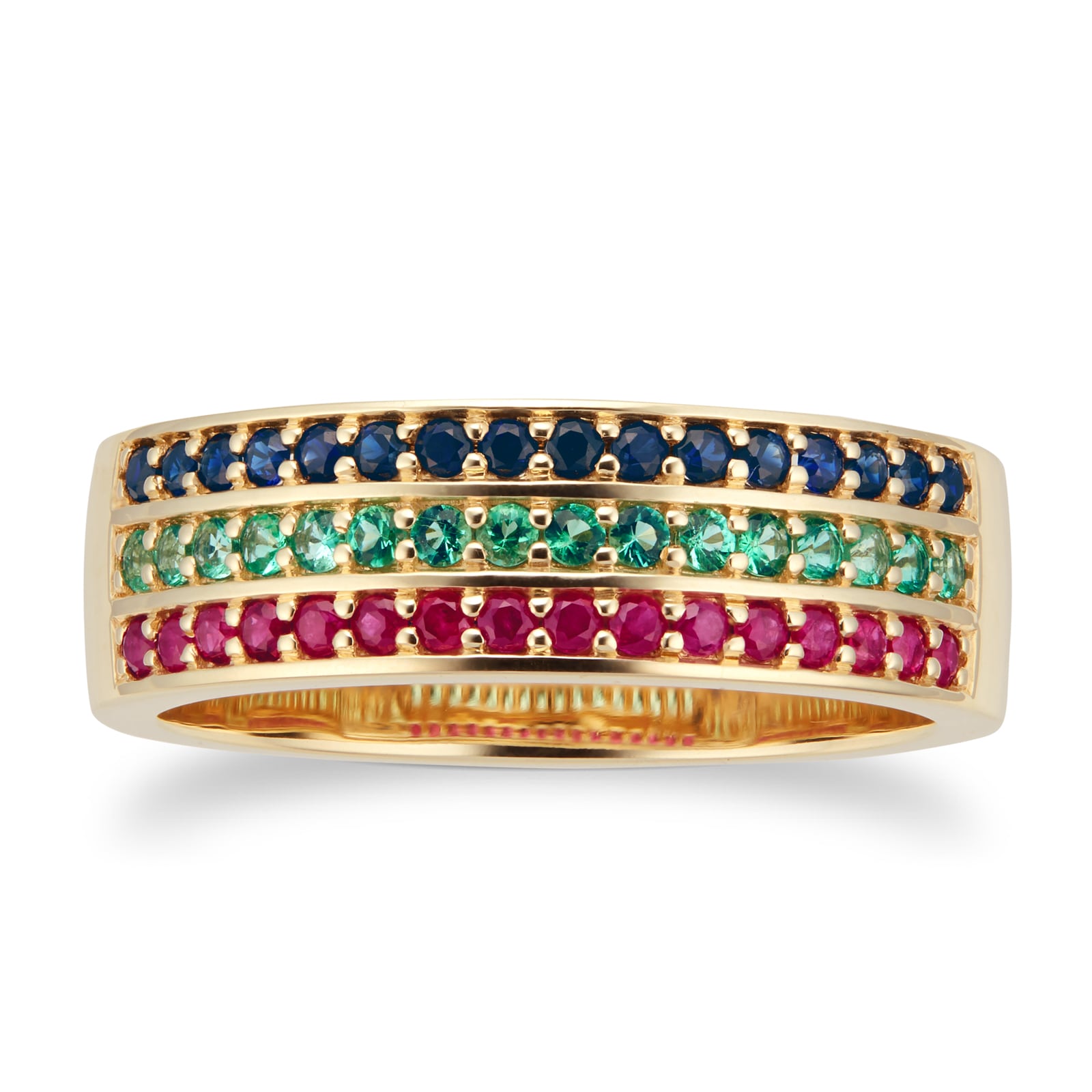 9ct Yellow Gold Ruby Emerald & Sapphire Half Eternity Ring - Ring Size O.5