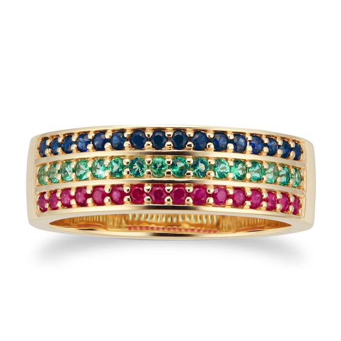 By Request 9ct Yellow Gold Ruby Emerald & Sapphire Half Eternity Ring - Ring Size X