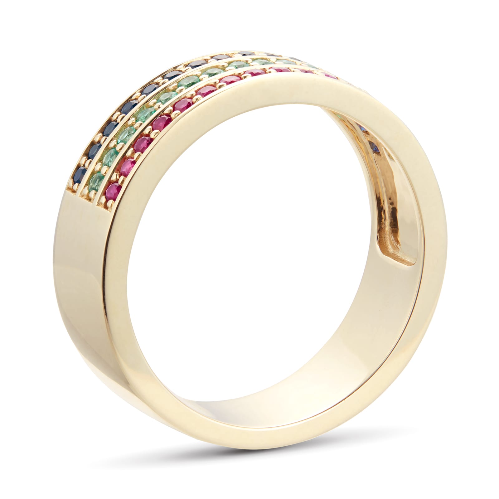 By Request 9ct Yellow Gold Ruby Emerald & Sapphire Half Eternity Ring - Ring Size Q By Request 9ct Yellow Gold Ruby Emerald & Sapphire Half Eternity Ring - Ring Size Q