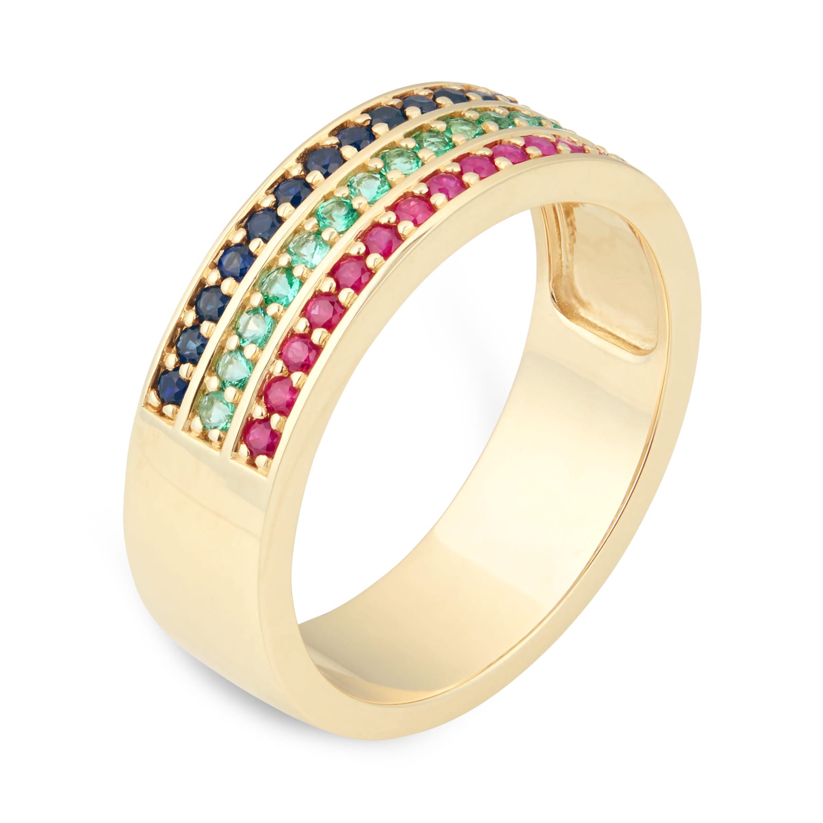 By Request 9ct Yellow Gold Ruby Emerald & Sapphire Half Eternity Ring - Ring Size Q By Request 9ct Yellow Gold Ruby Emerald & Sapphire Half Eternity Ring - Ring Size Q