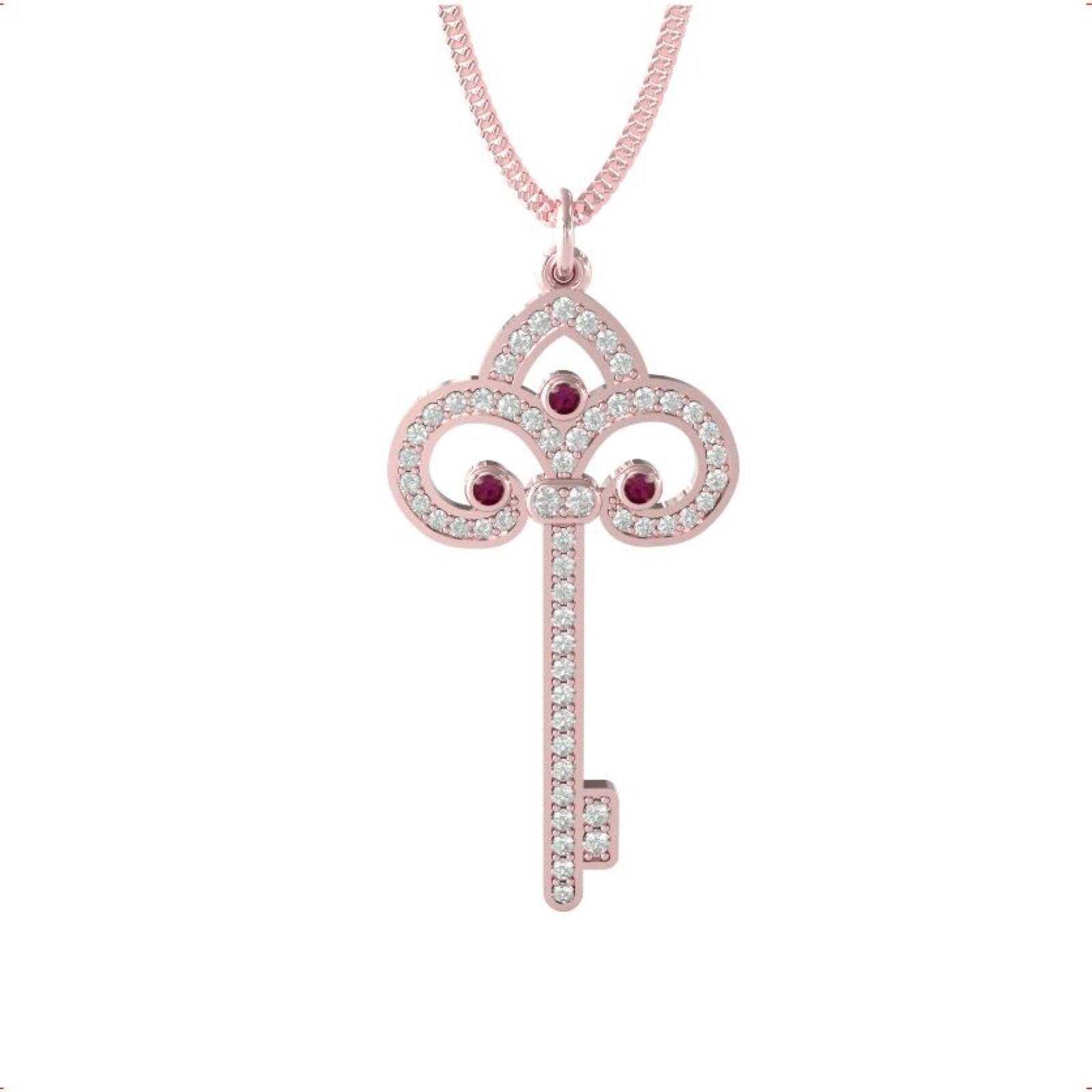 9ct Rose Gold Fleur De Lis Diamond & Ruby Key Pendant