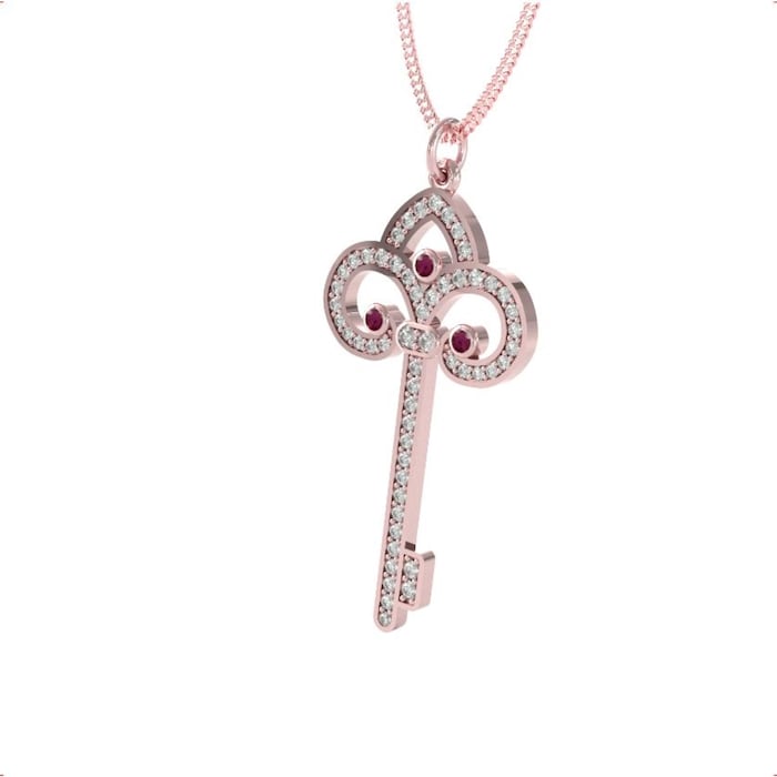 By Request 9ct Rose Gold Fleur De Lis Diamond & Ruby Key Pendant