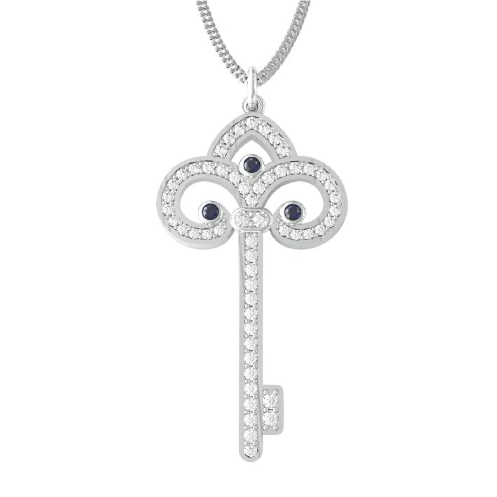 9ct White Gold Fleur De Lis Diamond & Sapphire Key Pendant