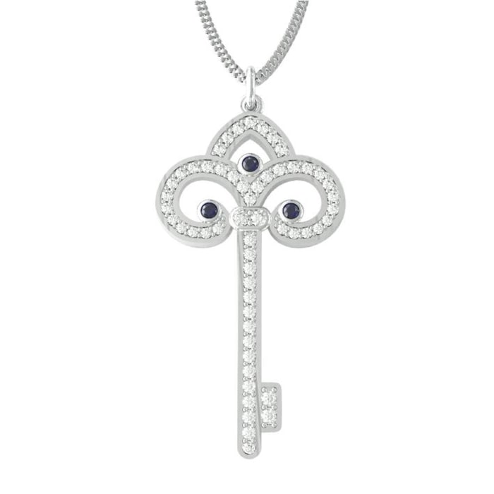 By Request 9ct White Gold Fleur De Lis Diamond & Sapphire Key Pendant