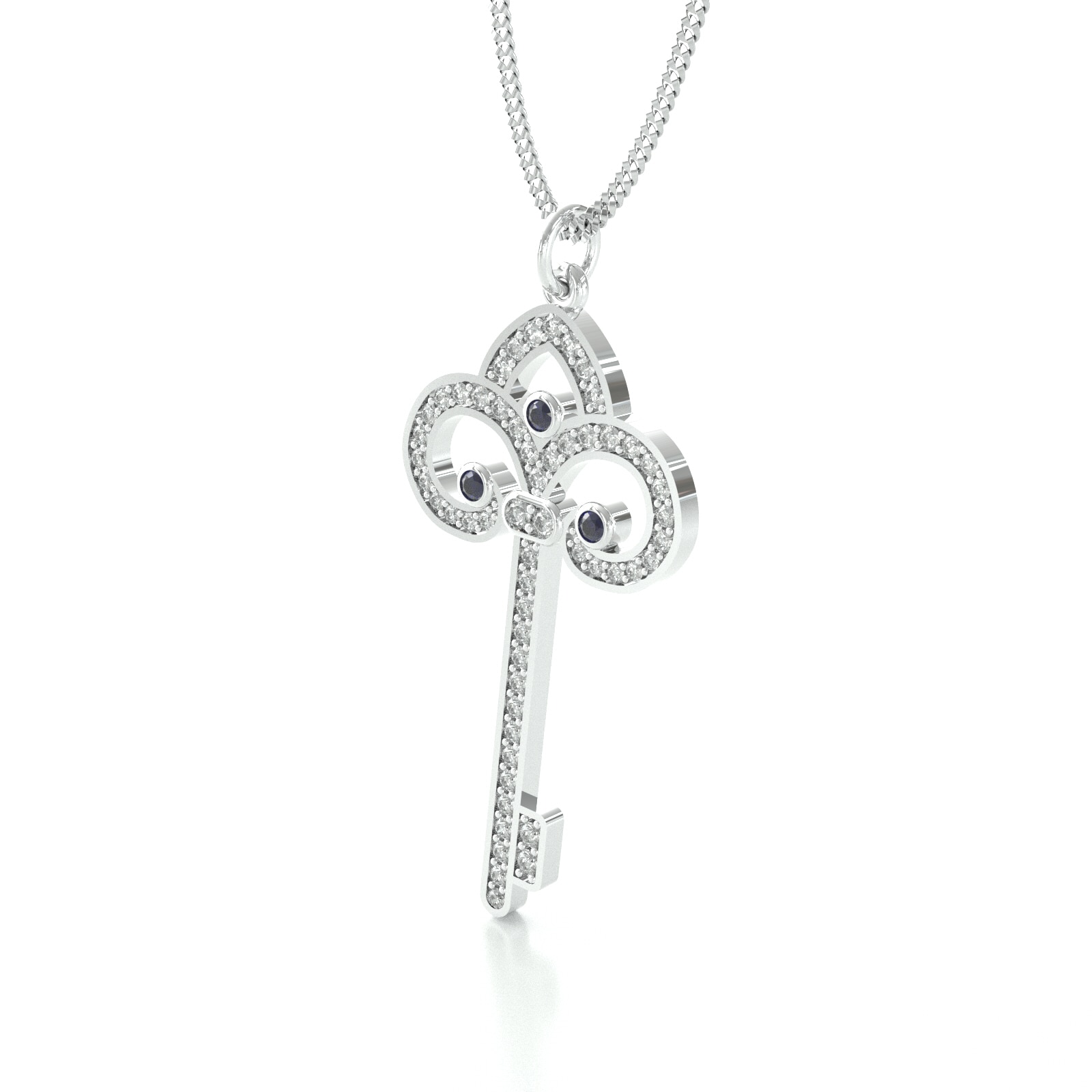 By Request 9ct White Gold Fleur De Lis Diamond & Sapphire Key Pendant