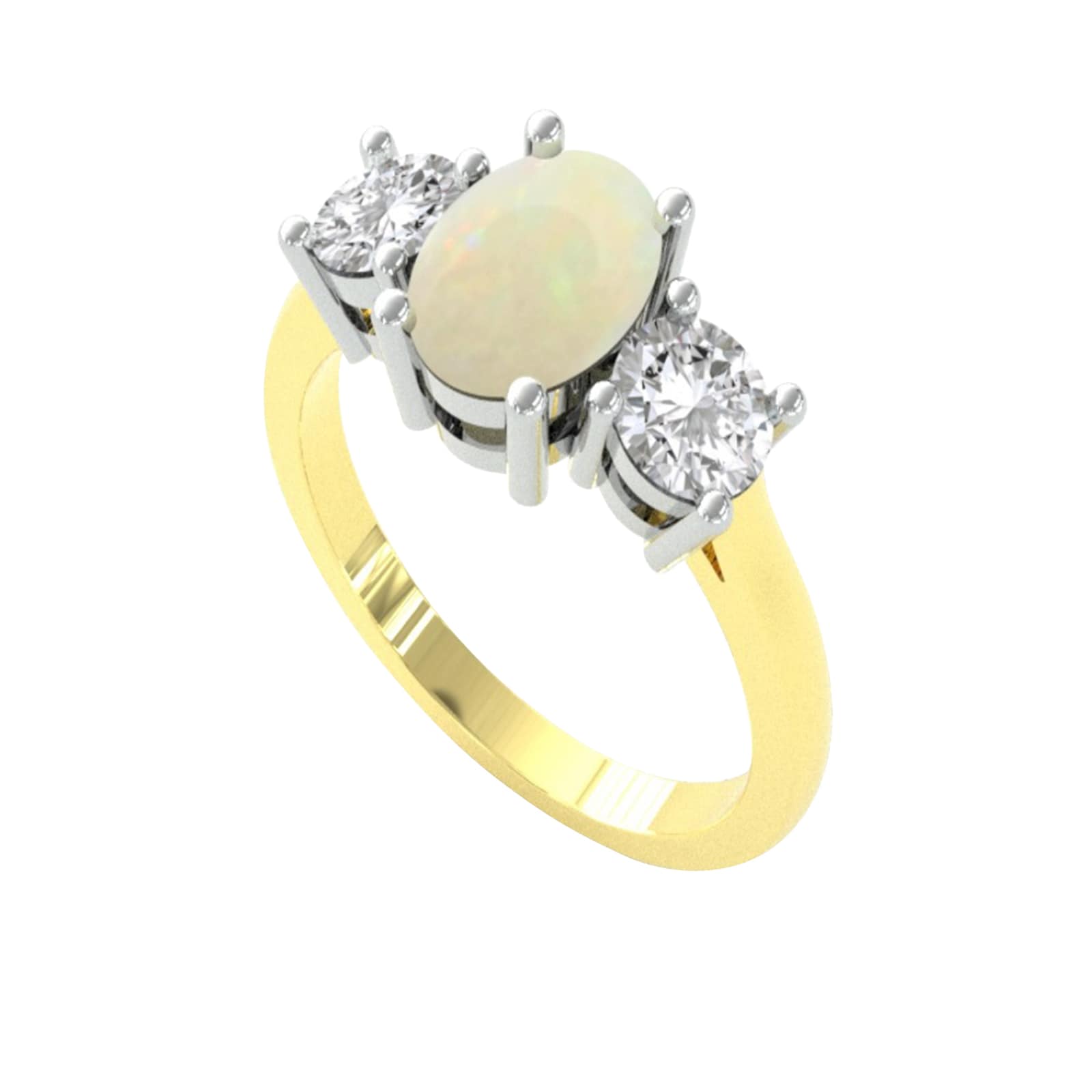 18ct Yellow Gold Oval Opal & 0.72ct Diamond 3 Stone Ring