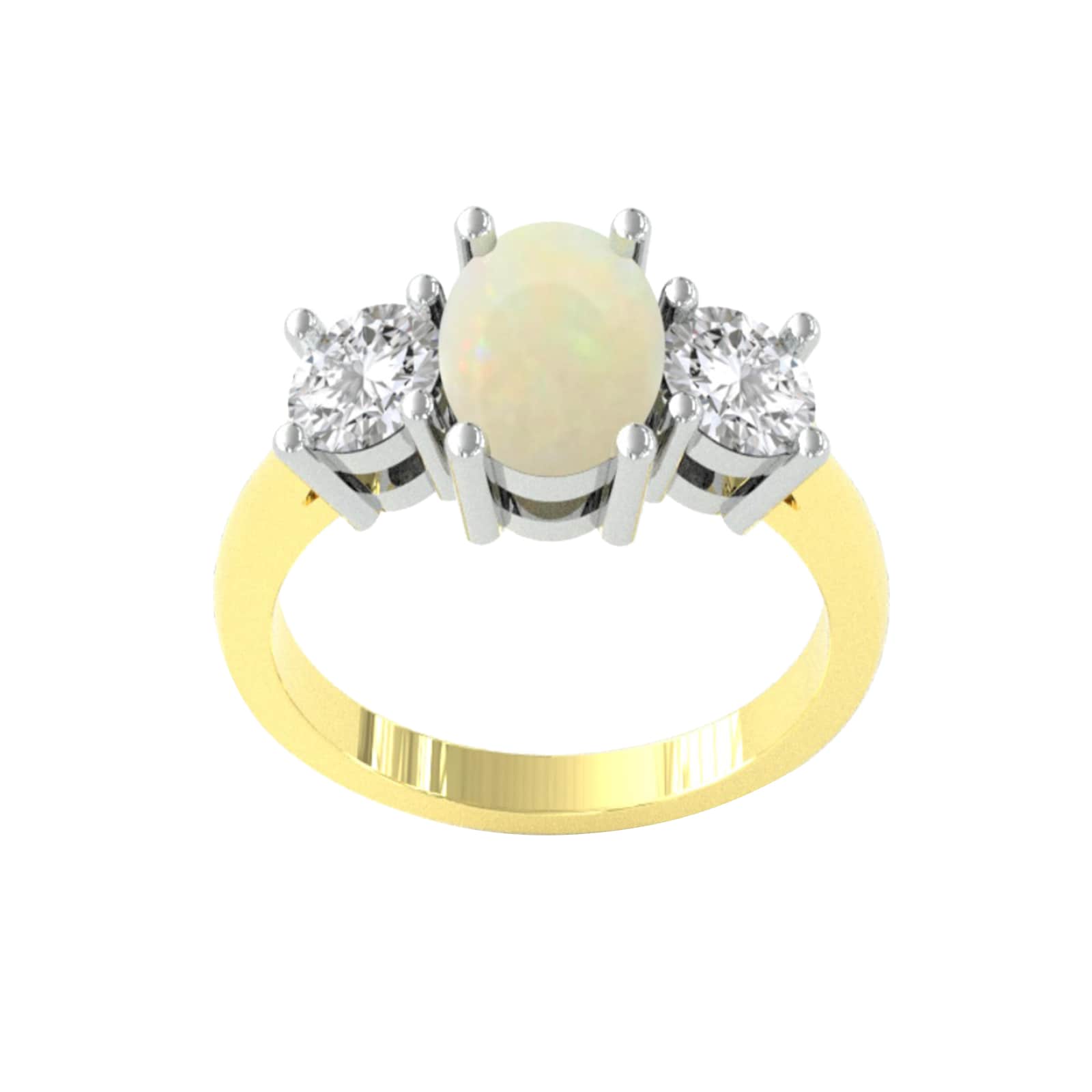 By Request 18ct Yellow Gold Oval Opal & 0.72ct Diamond 3 Stone Ring - Ring Size P By Request 18ct Yellow Gold Oval Opal & 0.72ct Diamond 3 Stone Ring - Ring Size P