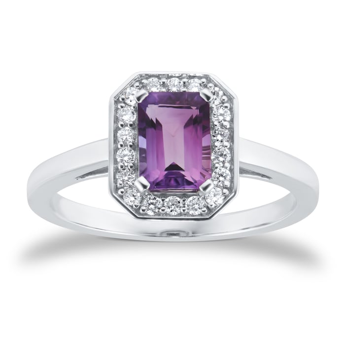 By Request 9ct White Gold Rectangular Amethyst & Diamond Halo Ring