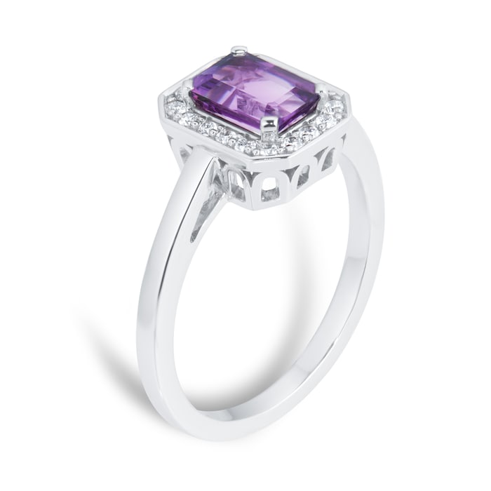 By Request 9ct White Gold Rectangular Amethyst & Diamond Halo Ring