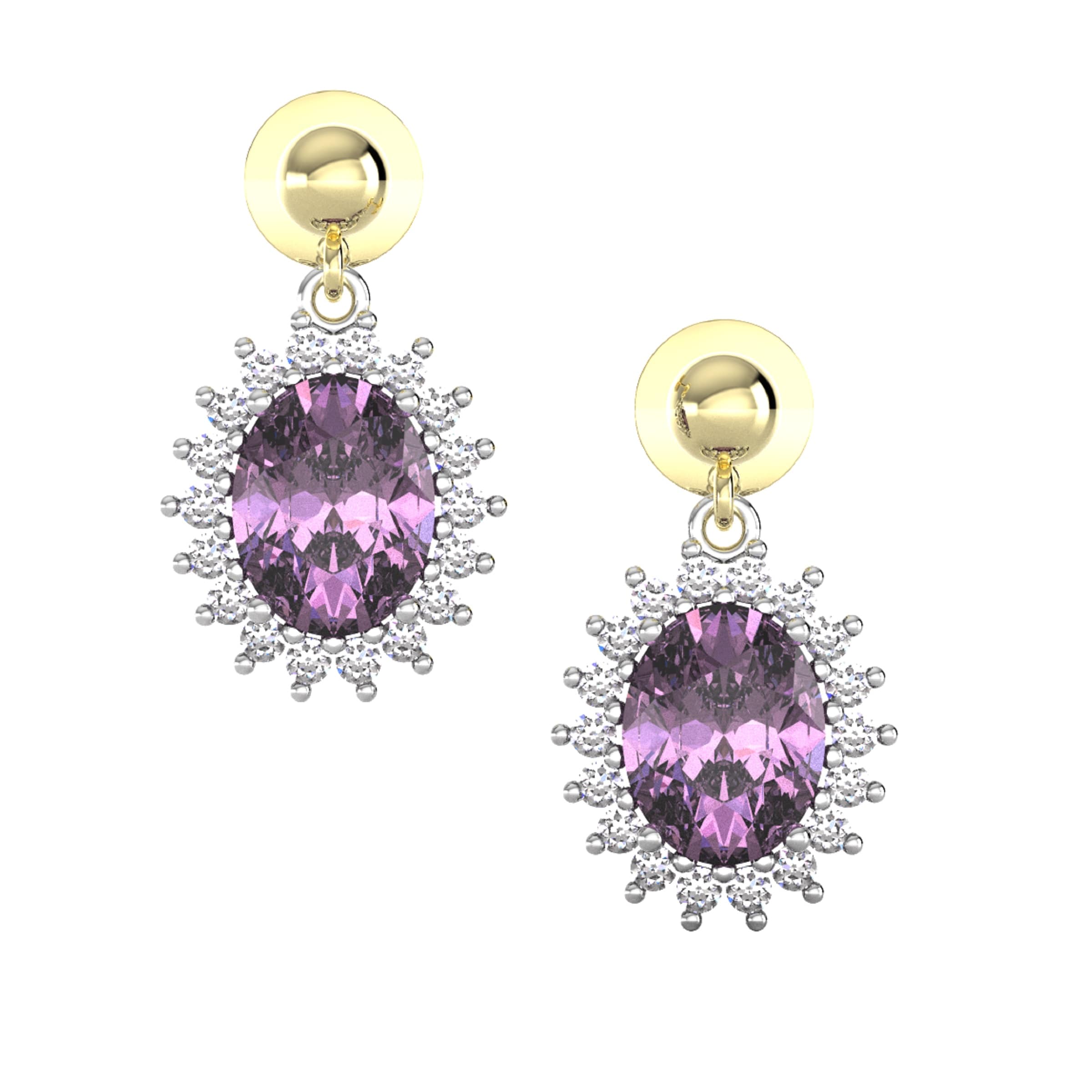9ct Yellow and White Gold Amethyst and Diamond Cluster Drop Earrings