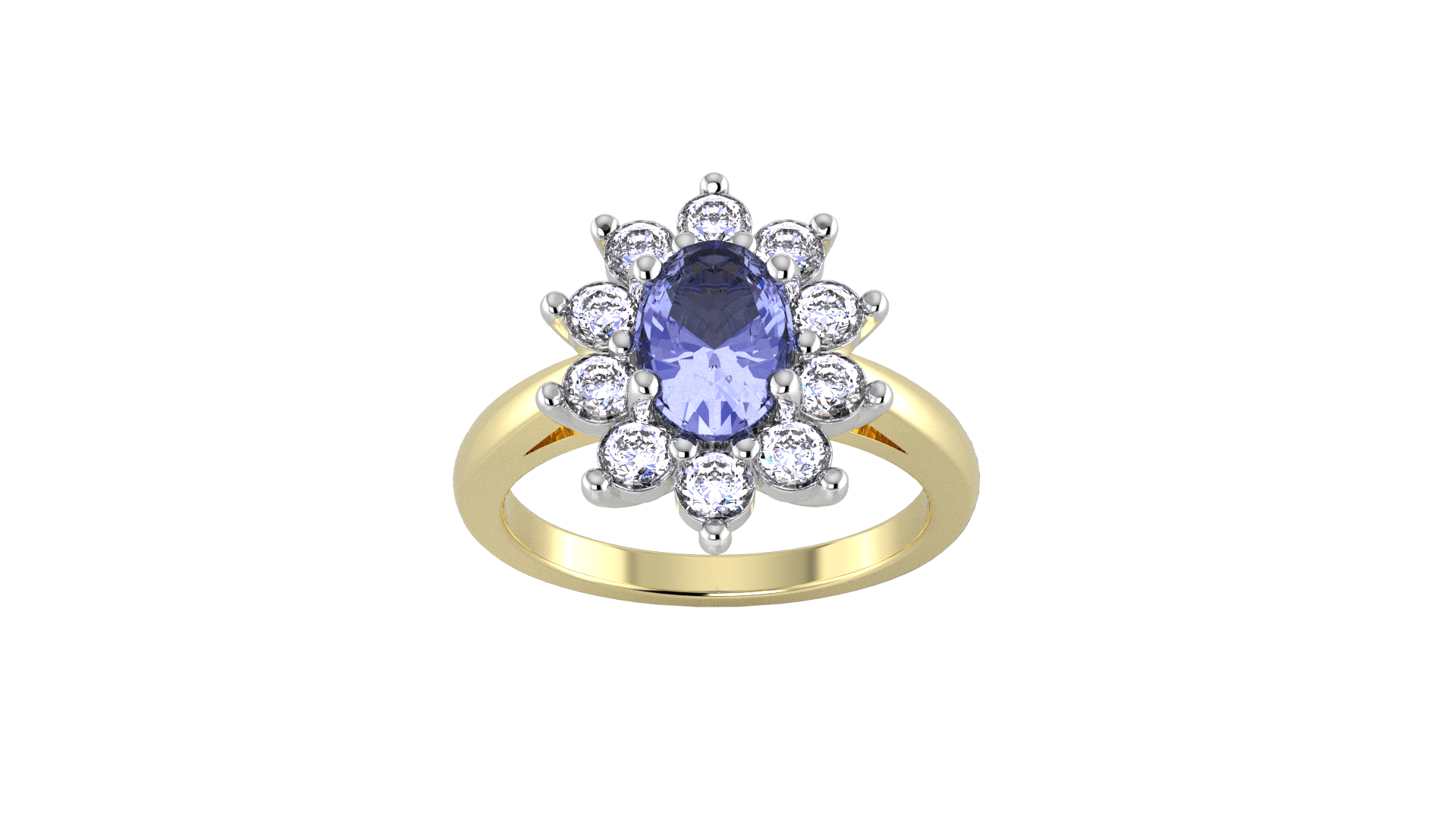 18ct Yellow and White Gold Tanzanite & Diamond Cluster Ring - Ring Size E.5