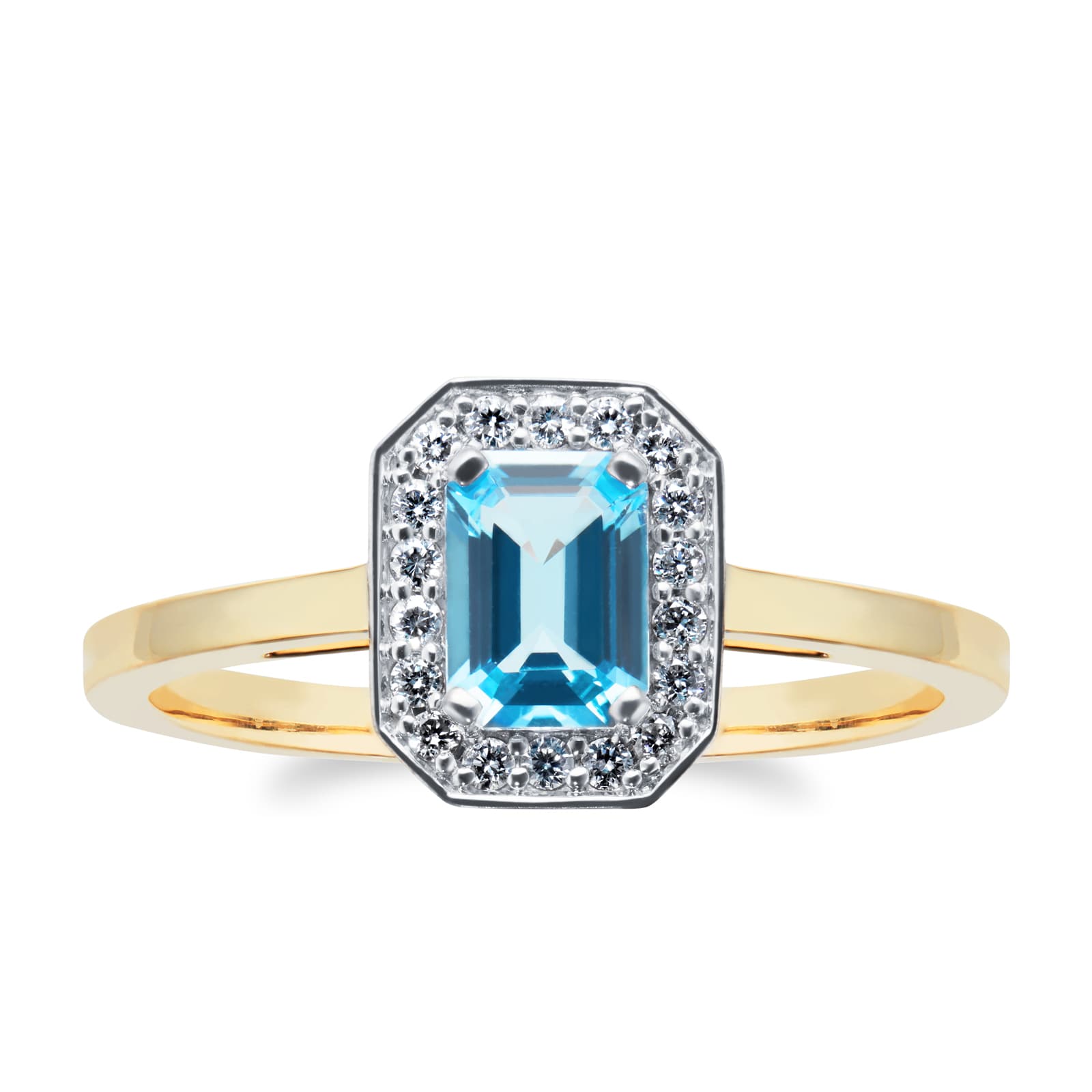 9ct Yellow and White Gold Blue Topaz & Diamond Cluster Ring - Ring Size N