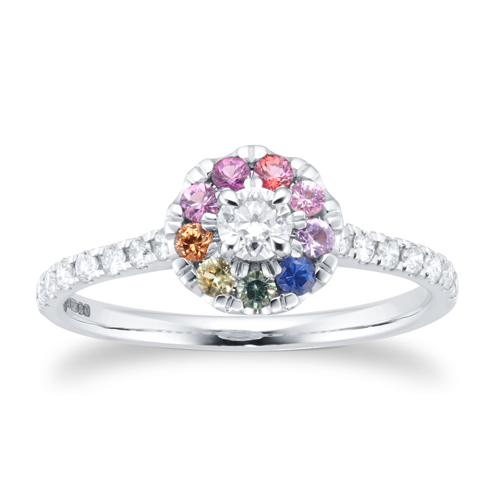 9ct White Gold Diamond & Rainbow Sapphire Halo Ring - Ring Size R