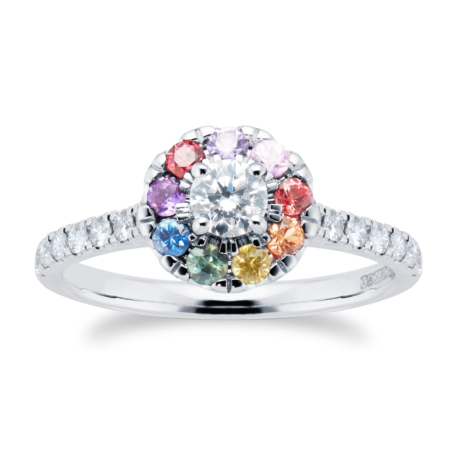 18ct White Gold Diamond & Rainbow Sapphire Halo Ring - Ring Size K.5