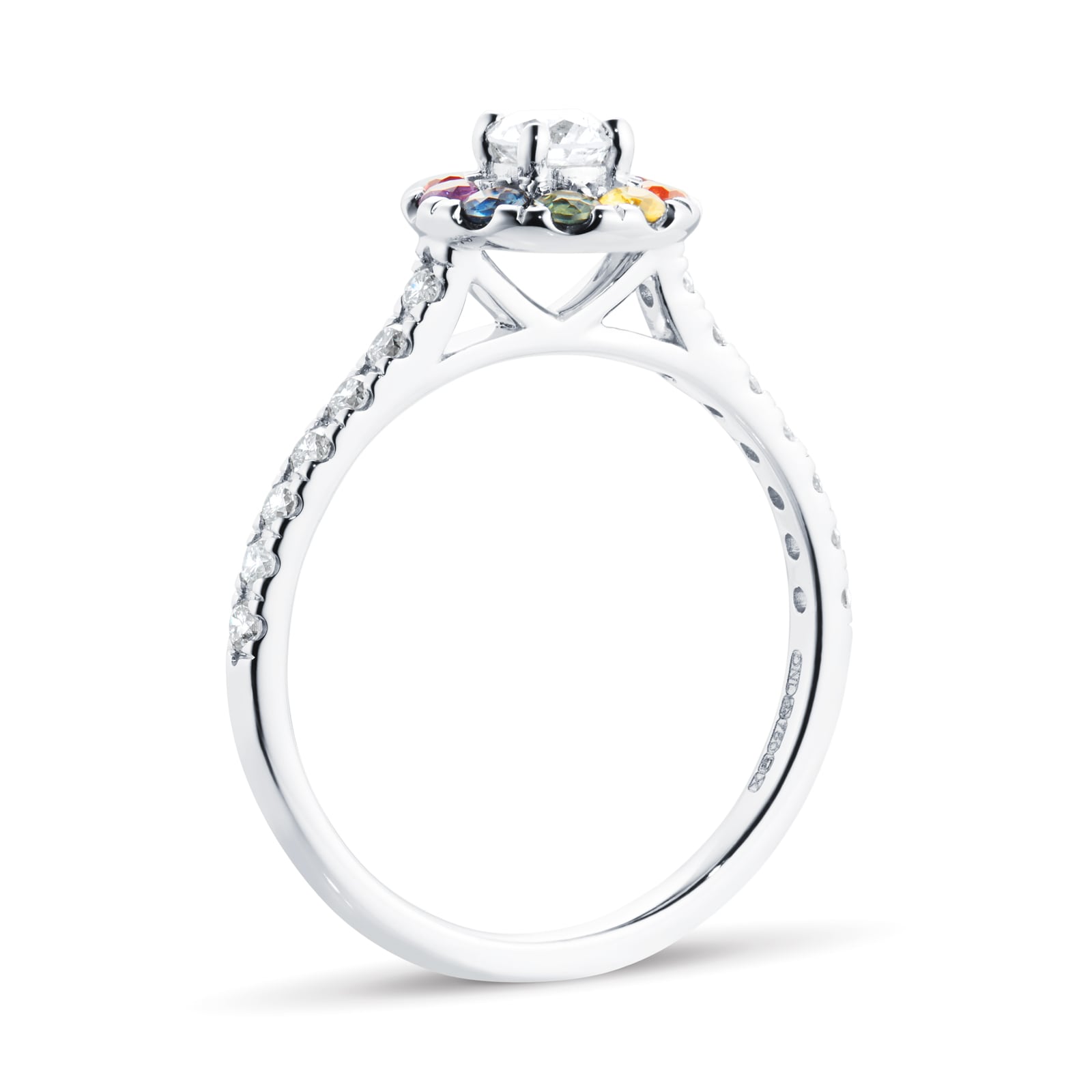 By Request 18ct White Gold Diamond & Rainbow Sapphire Halo Ring