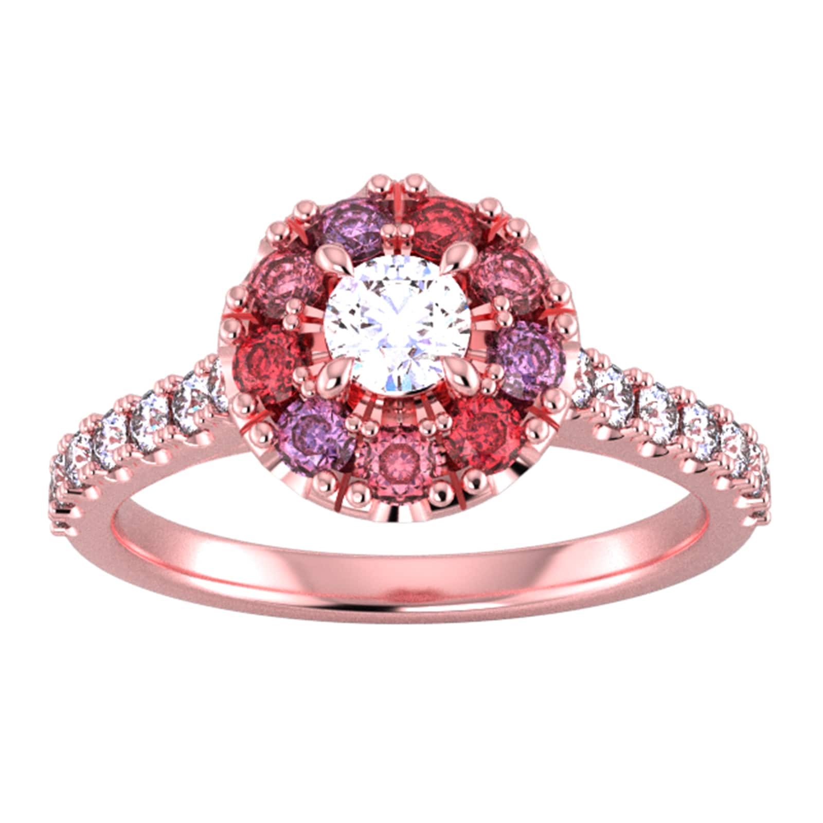 9ct Rose Gold Diamond & Red, Pink, Purple Sapphire Halo Ring - Ring Size M.5