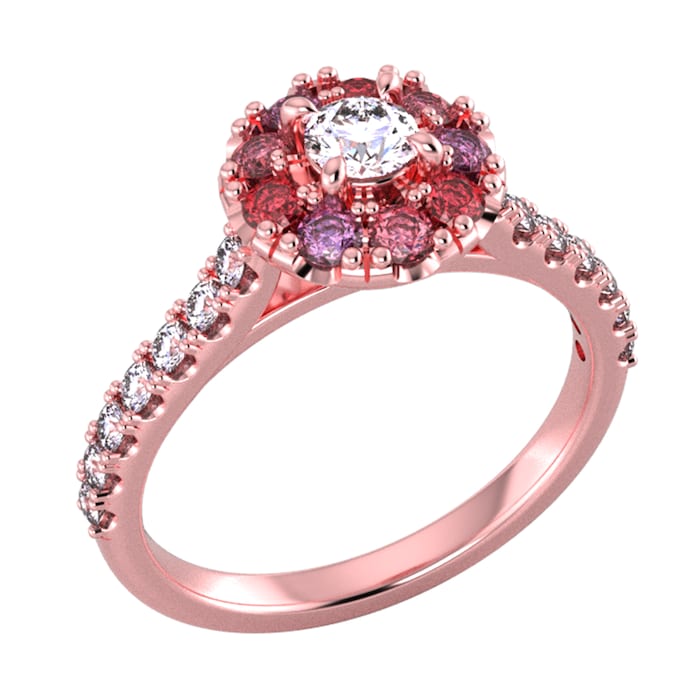 By Request 9ct Rose Gold Diamond & Red, Pink, Purple Sapphire Halo Ring