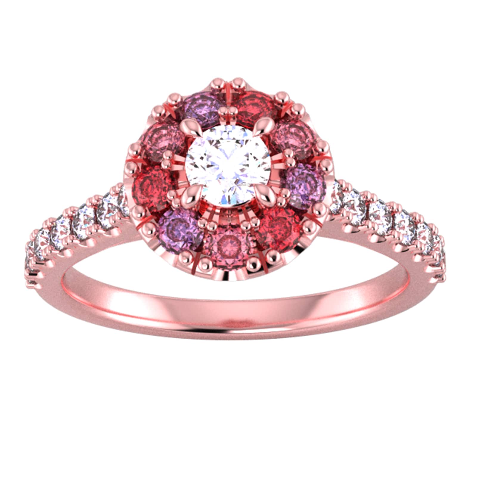 18ct Rose Gold Diamond & Red, Pink, Purple Sapphire Halo Ring - Ring Size M.5
