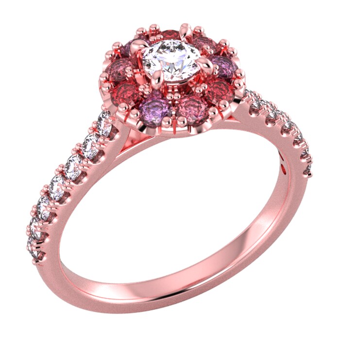 By Request 18ct Rose Gold Diamond & Red, Pink, Purple Sapphire Halo Ring