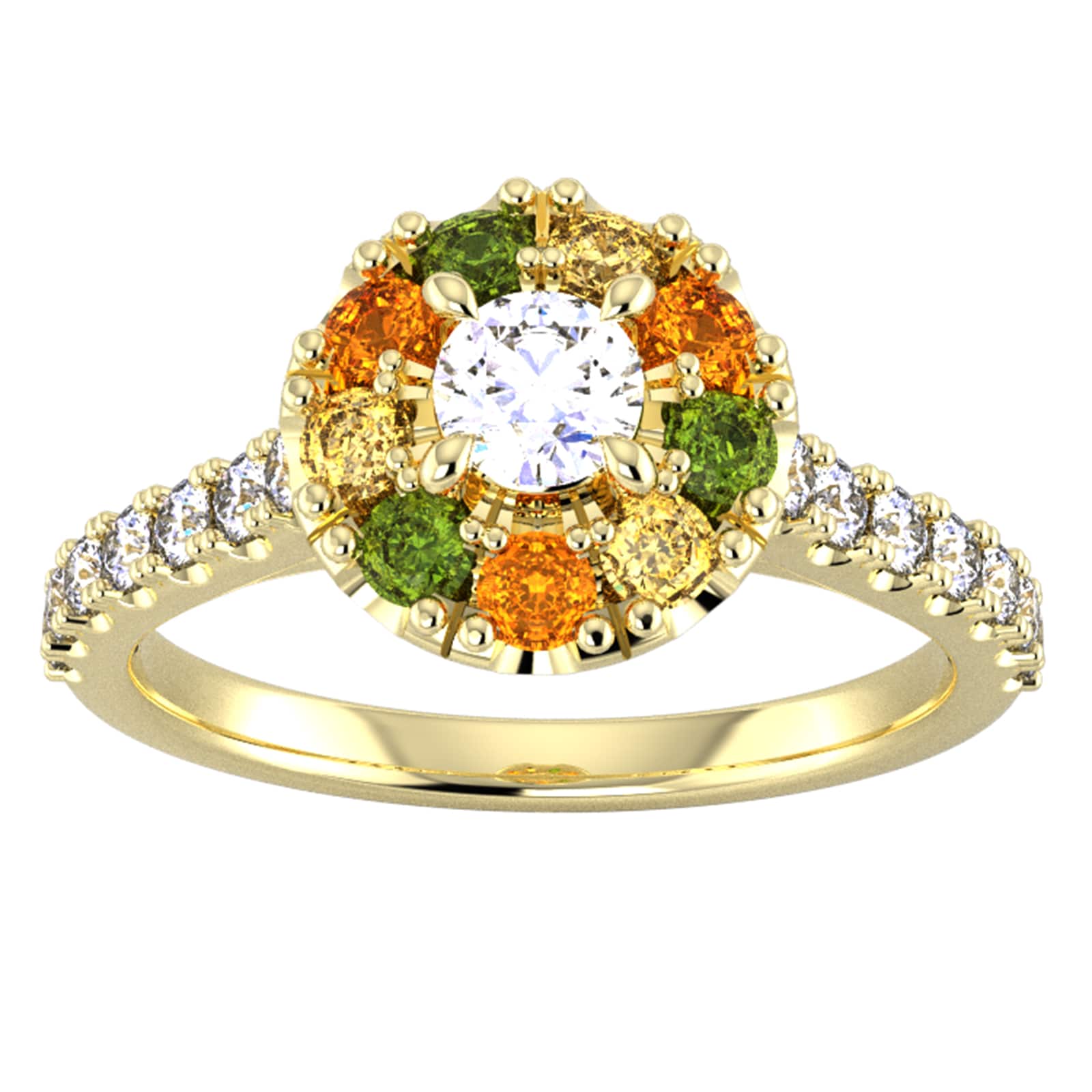 9ct Yellow Gold Diamond & Yellow, Orange, Green Sapphire Halo Ring - Ring Size E