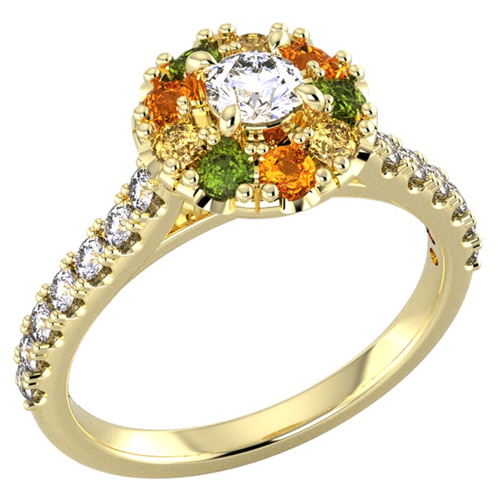 By Request 9ct Yellow Gold Diamond & Yellow, Orange, Green Sapphire Halo Ring