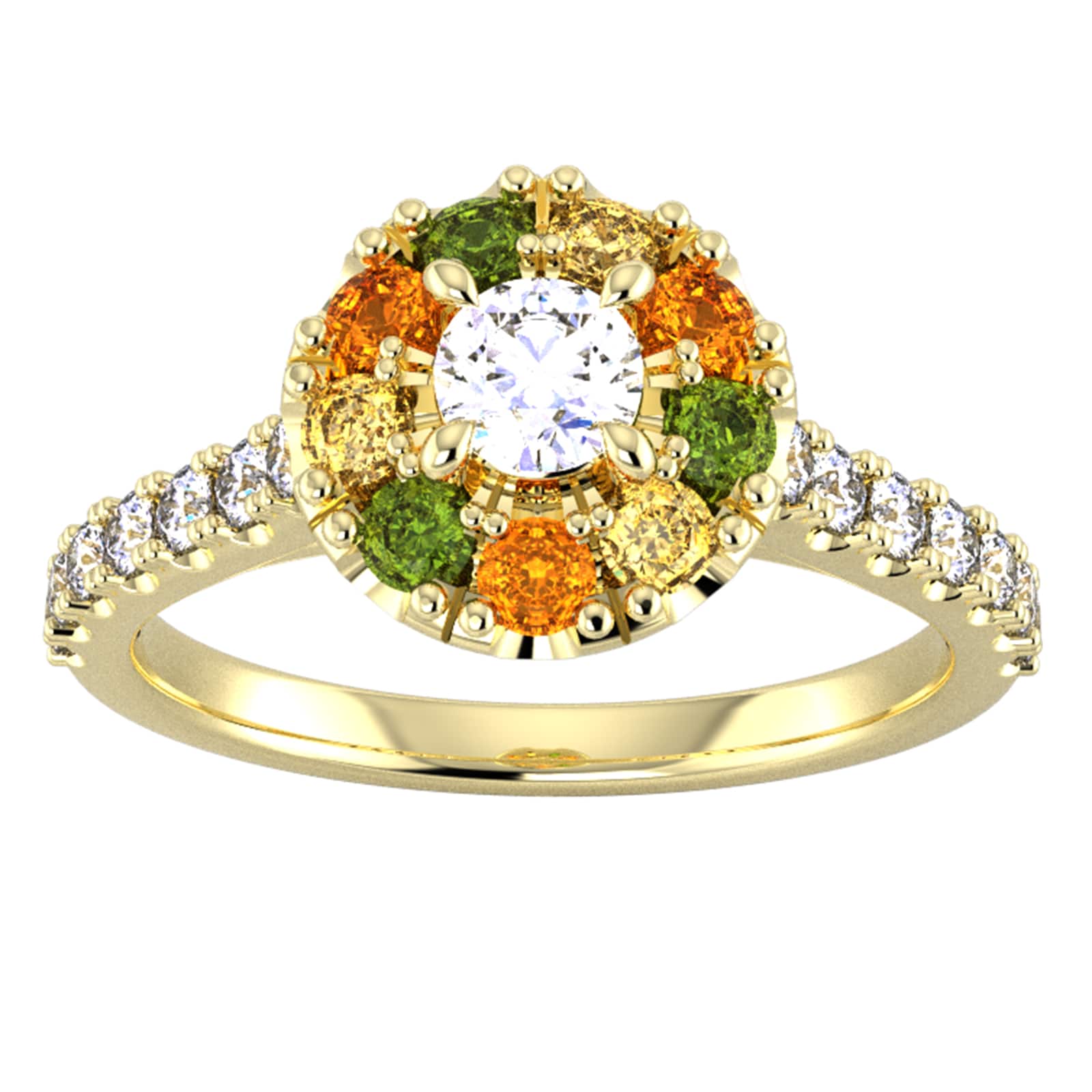 By Request 18ct Yellow Gold Diamond & Yellow, Orange, Green Sapphire Halo Ring