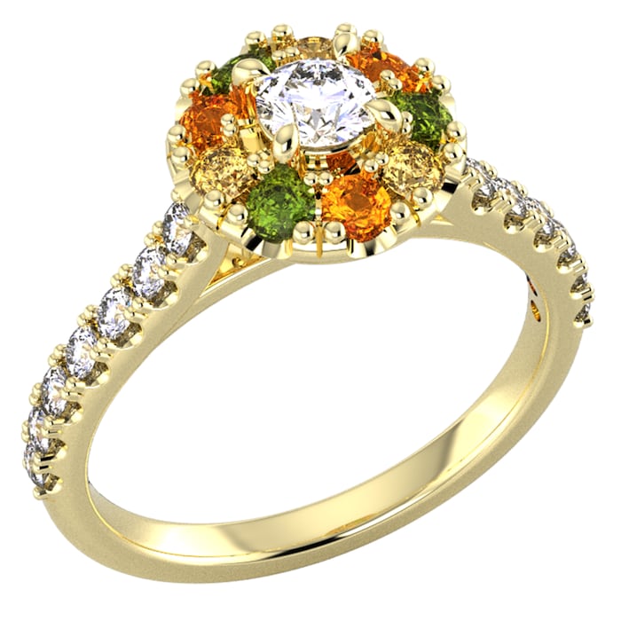 By Request 18ct Yellow Gold Diamond & Yellow, Orange, Green Sapphire Halo Ring