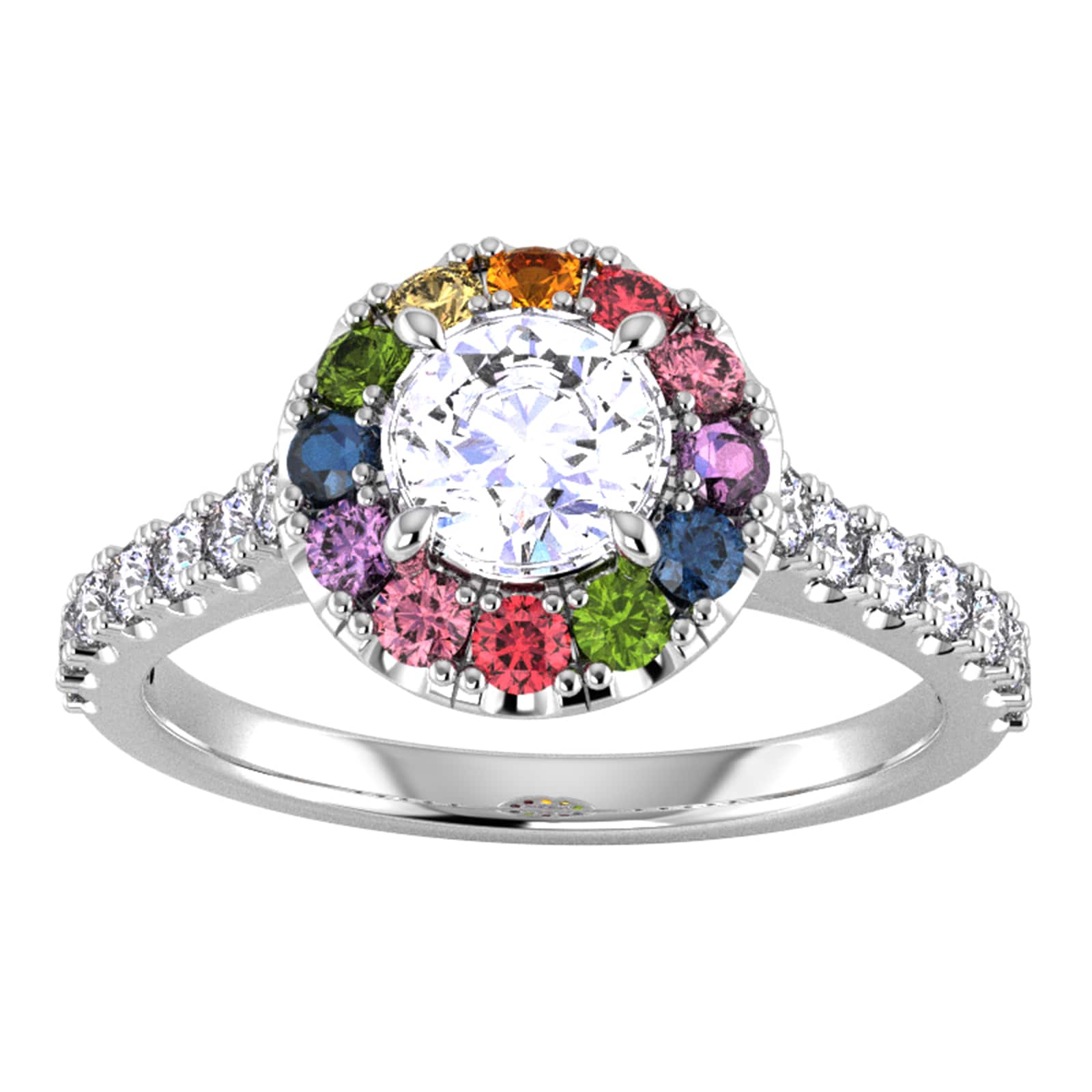 9ct White Gold Diamond & Rainbow Sapphire Halo Ring - Ring Size J
