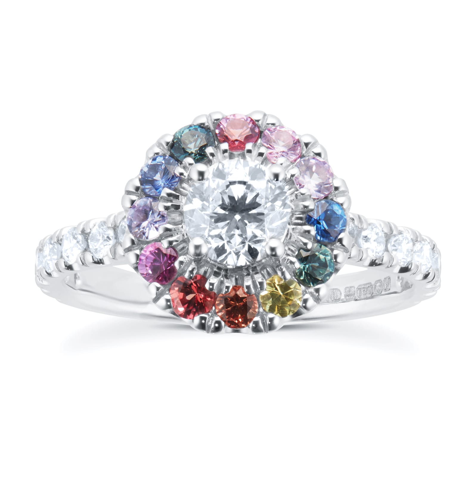 18ct White Gold Diamond & Rainbow Sapphire Halo Ring - Ring Size A
