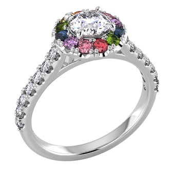 By Request 18ct White Gold Diamond & Rainbow Sapphire Halo Ring By Request 18ct White Gold Diamond & Rainbow Sapphire Halo Ring