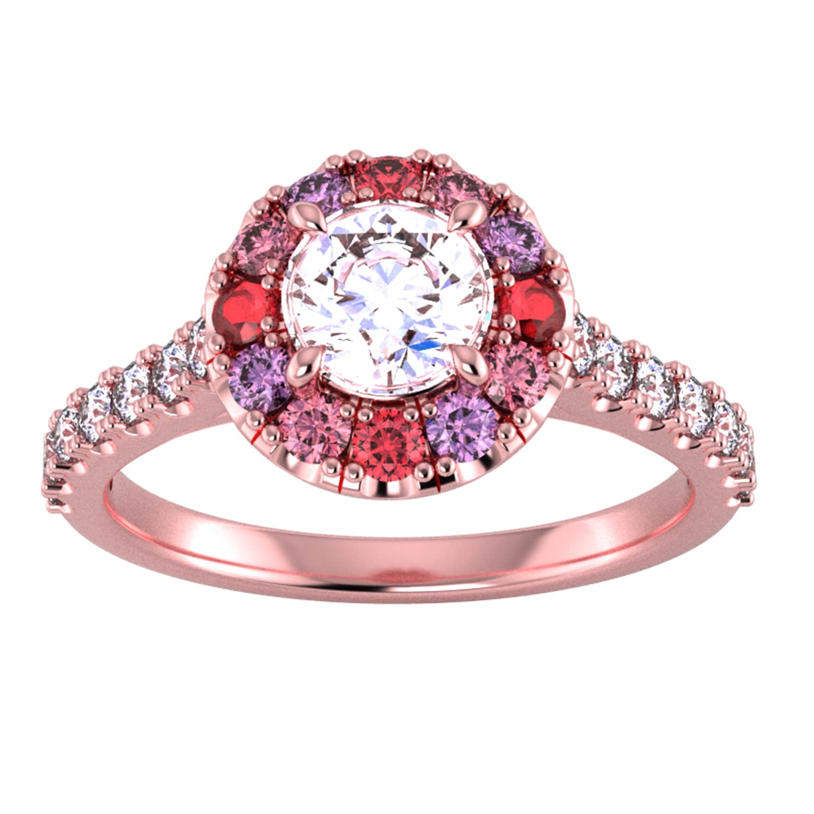 9ct Rose Gold Diamond & Pink, Red, Purple Sapphire Halo Ring - Ring Size T.5