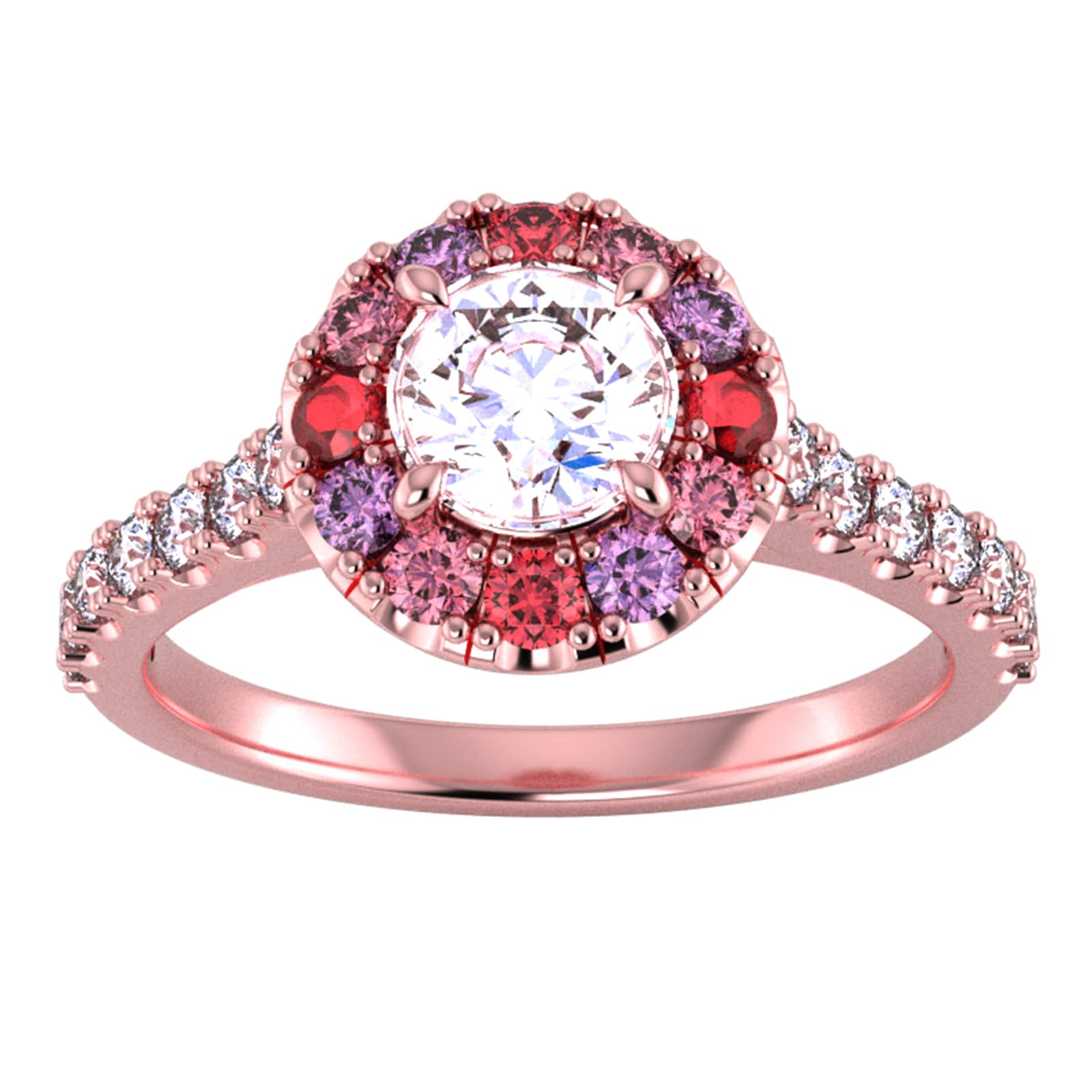 18ct Rose Gold Diamond & Pink, Red, Purple Sapphire Halo Ring - Ring Size K.5