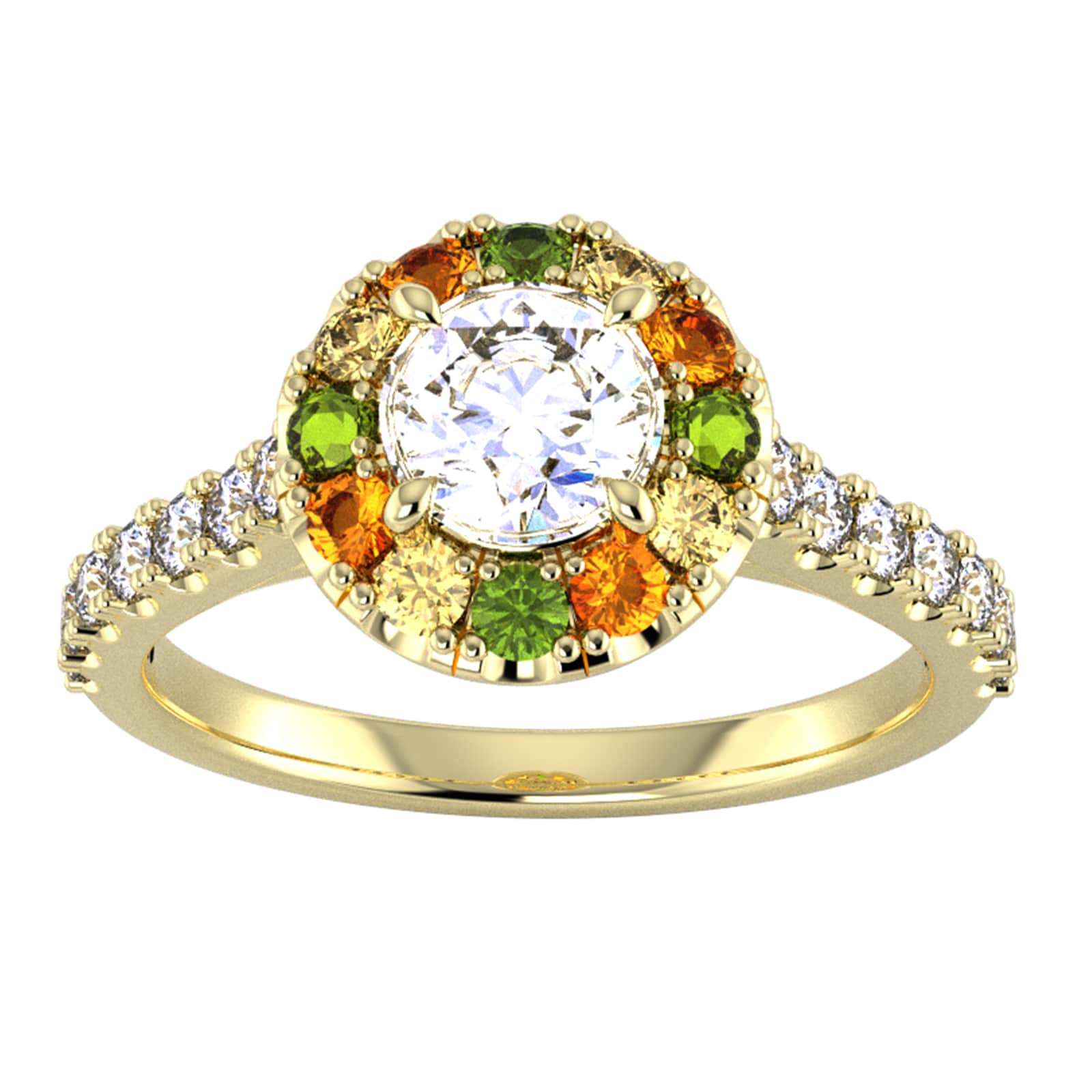 9ct Yellow Gold Diamond & Yellow, Orange, Green Sapphire Halo Ring - Ring Size Y.5