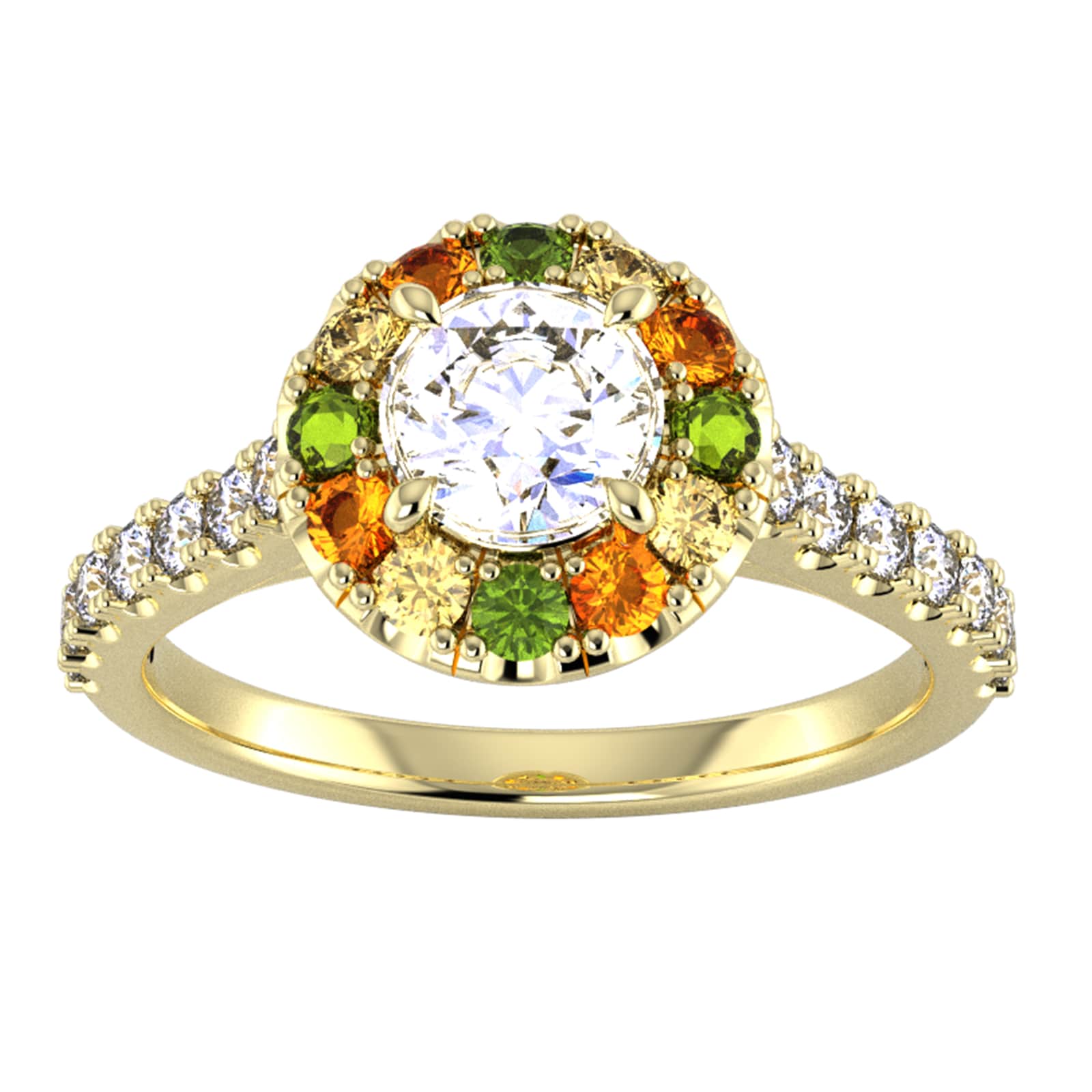 By Request 9ct Yellow Gold Diamond & Yellow, Orange, Green Sapphire Halo Ring