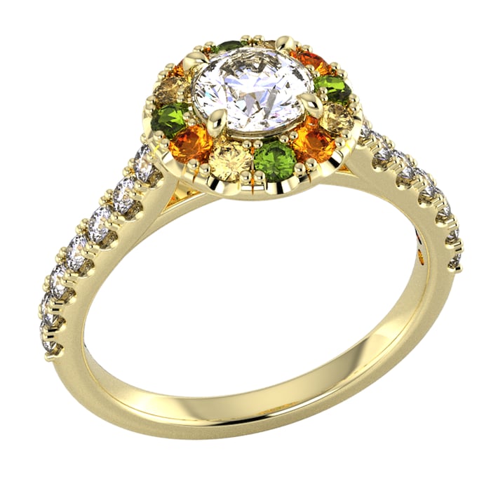 By Request 9ct Yellow Gold Diamond & Yellow, Orange, Green Sapphire Halo Ring