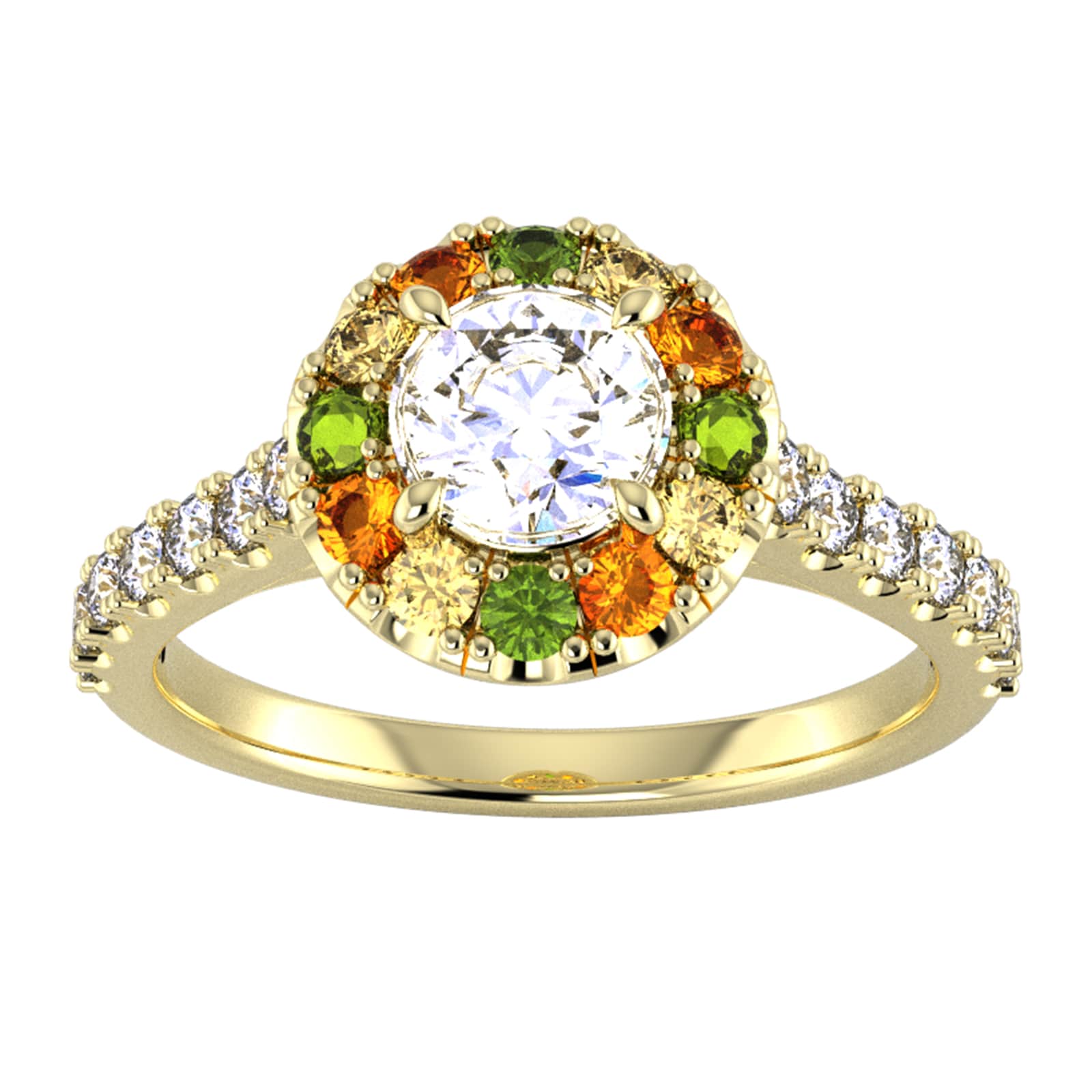 18ct Yellow Gold Diamond & Yellow, Orange, Green Sapphire Halo Ring - Ring Size Q.5