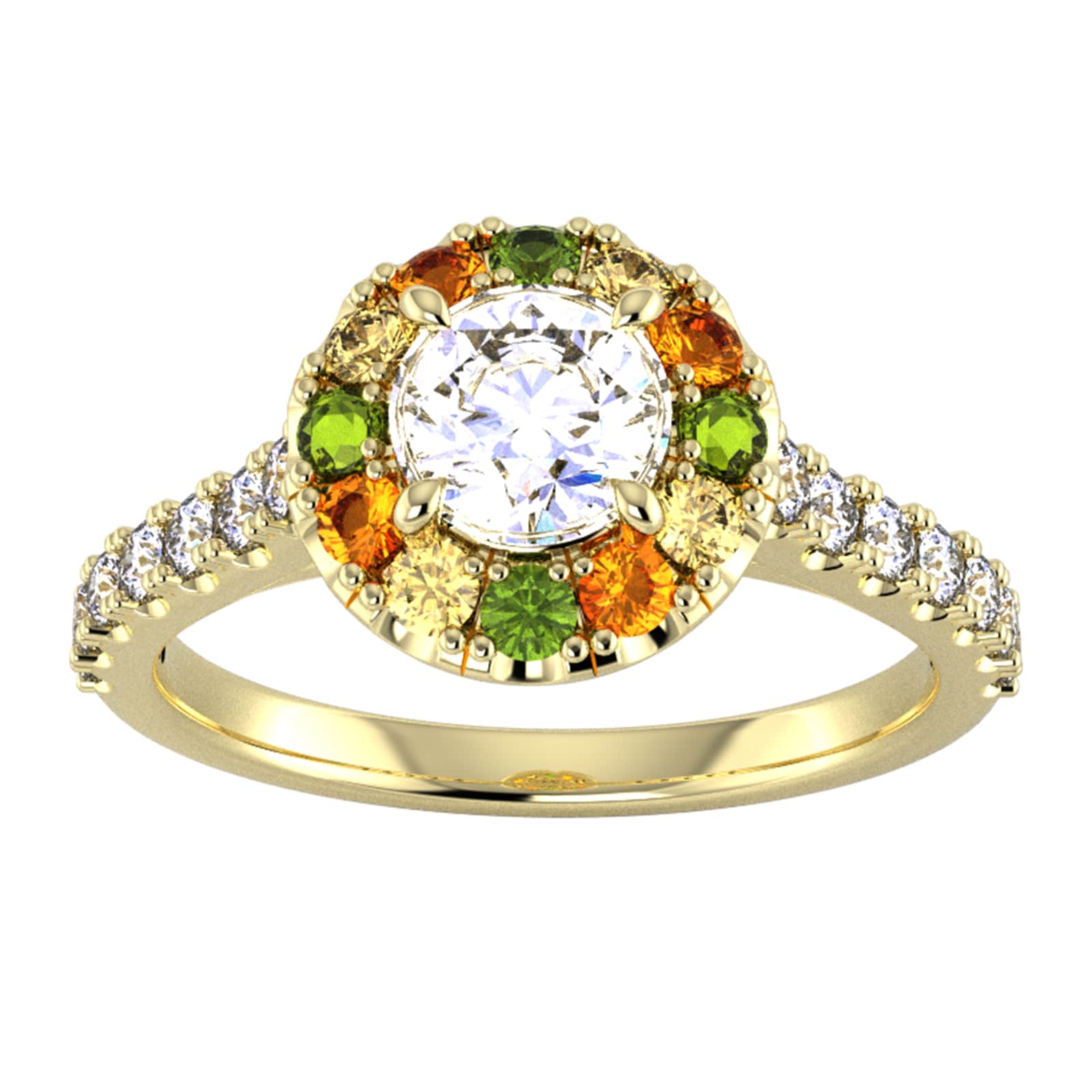 By Request 18ct Yellow Gold Diamond & Yellow, Orange, Green Sapphire Halo Ring