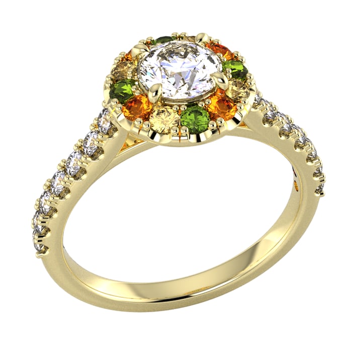 By Request 18ct Yellow Gold Diamond & Yellow, Orange, Green Sapphire Halo Ring