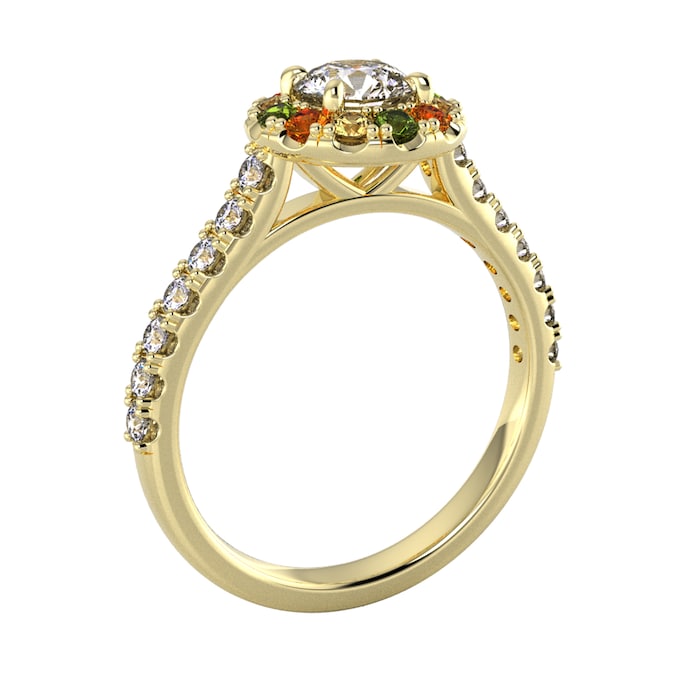 By Request 18ct Yellow Gold Diamond & Yellow, Orange, Green Sapphire Halo Ring