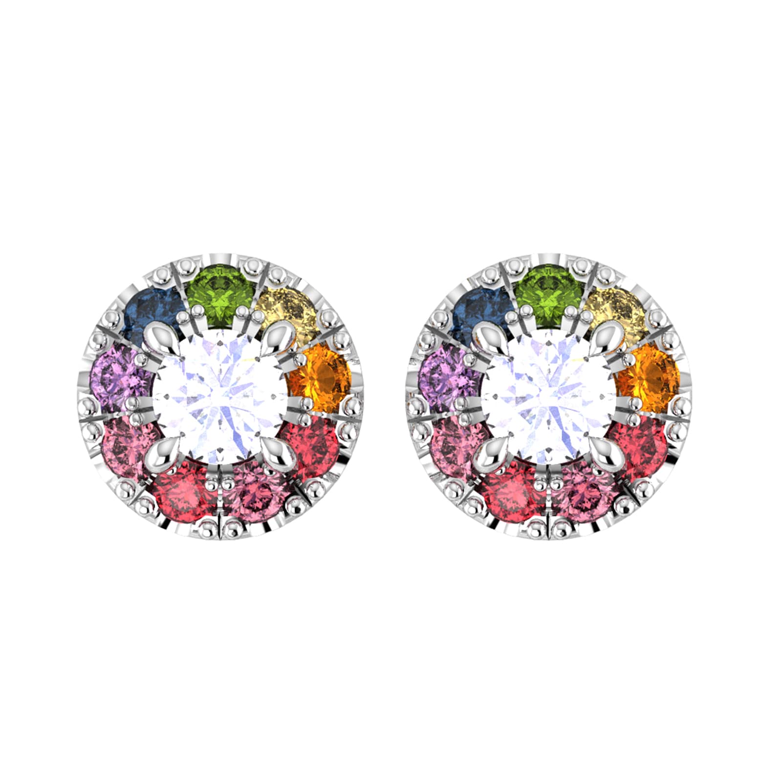 18ct White Gold Diamond & Rainbow Sapphire Halo Stud Earrings