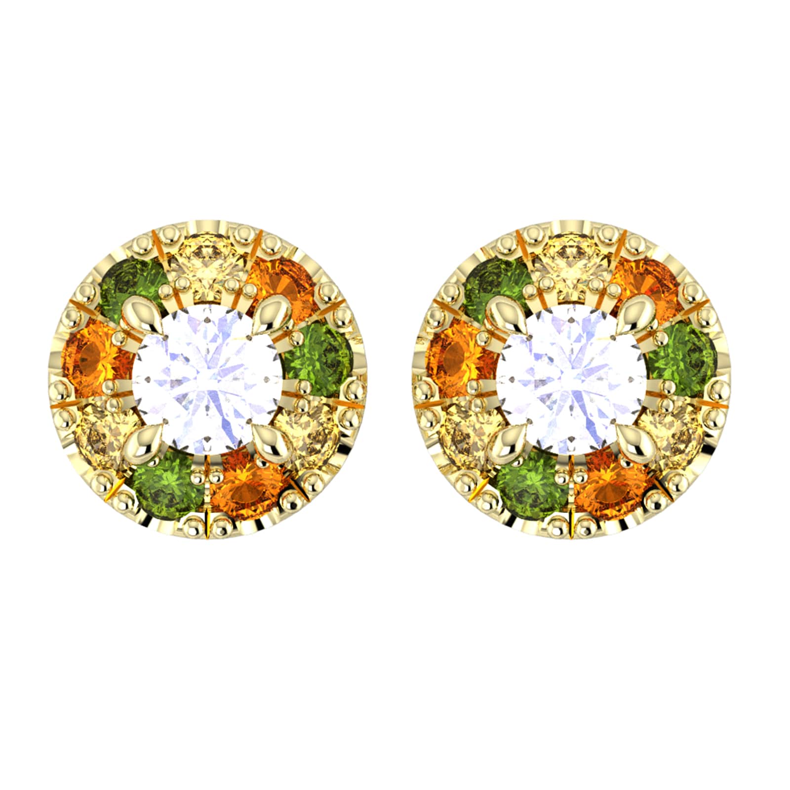 9ct Yellow Gold Diamond & Yellow, Orange, Green Sapphire Halo Stud Earrings