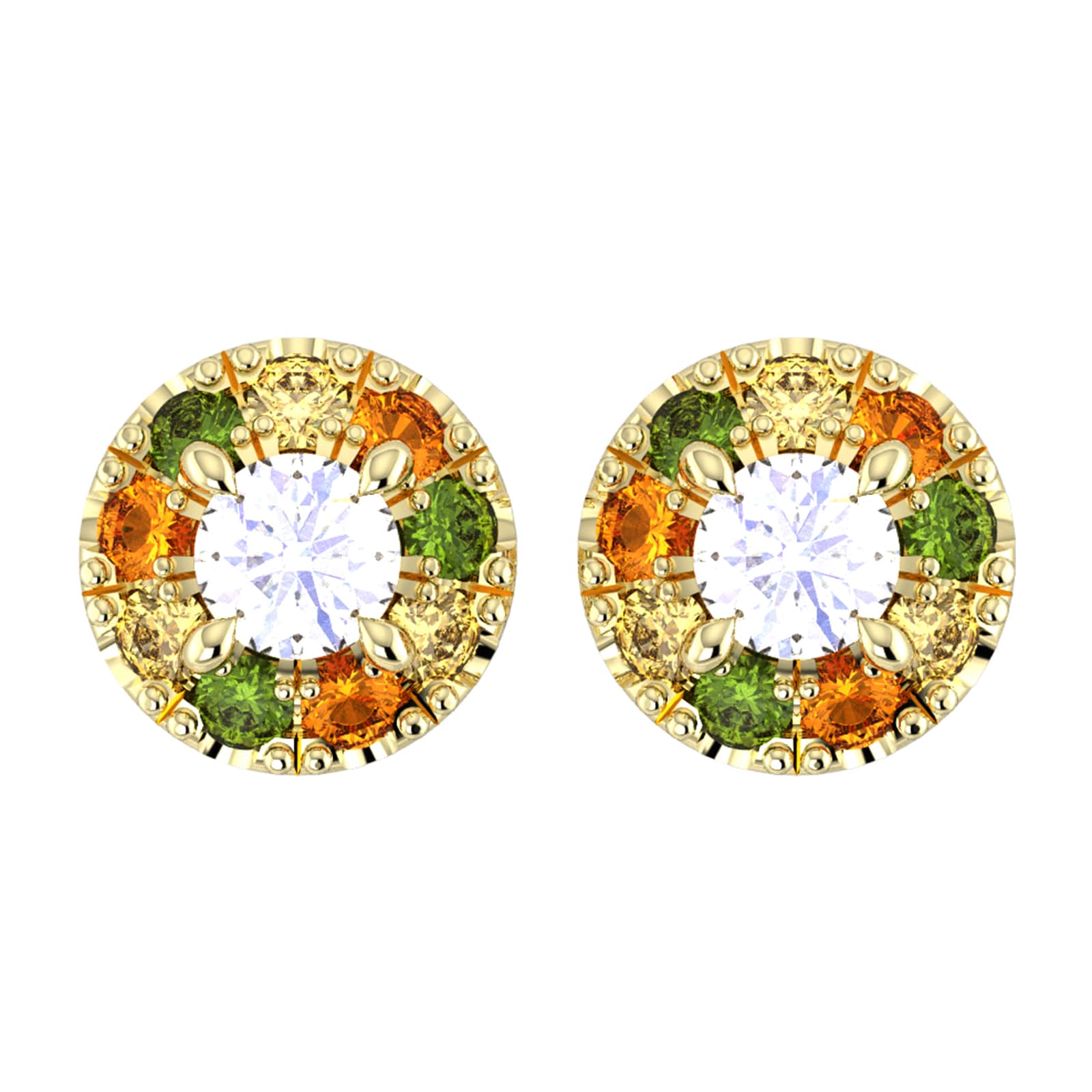 18ct Yellow Gold Diamond & Yellow, Orange, Green Sapphire Halo Stud Earrings