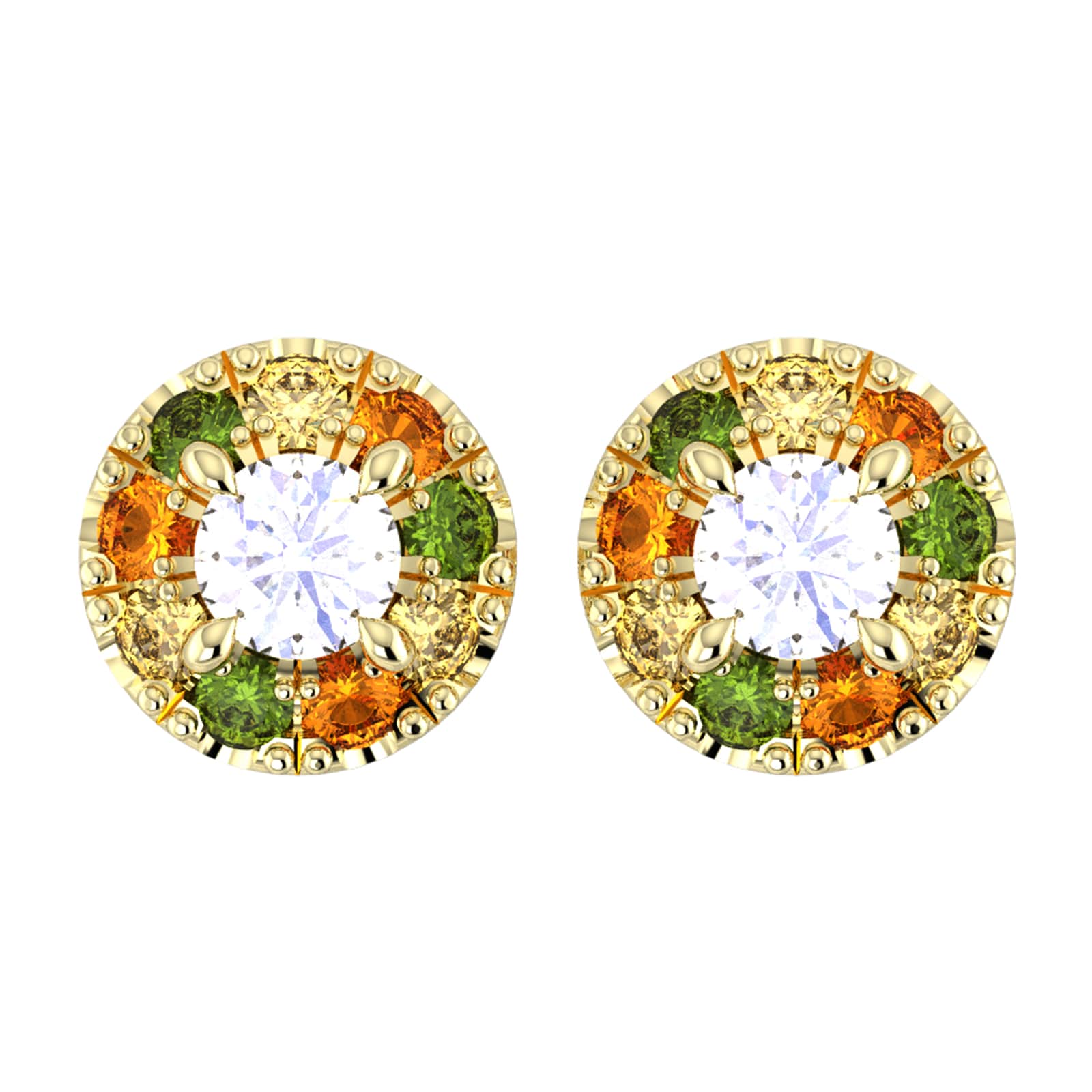 By Request 18ct Yellow Gold Diamond & Yellow, Orange, Green Sapphire Halo Stud Earrings