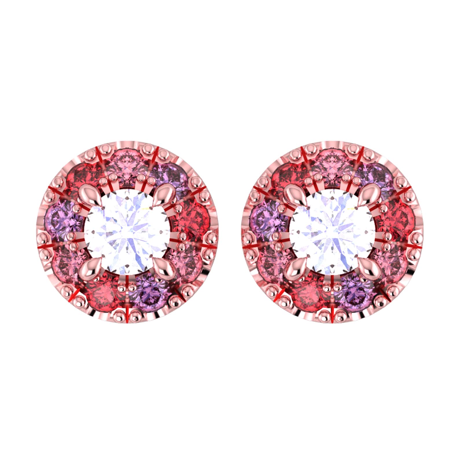 9ct Rose Gold Diamond & Red, Pink, Purple Sapphire Halo Stud Earrings
