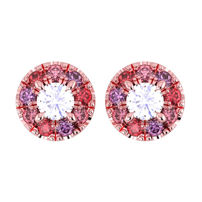 By Request 9ct Rose Gold Diamond & Red, Pink, Purple Sapphire Halo Stud Earrings