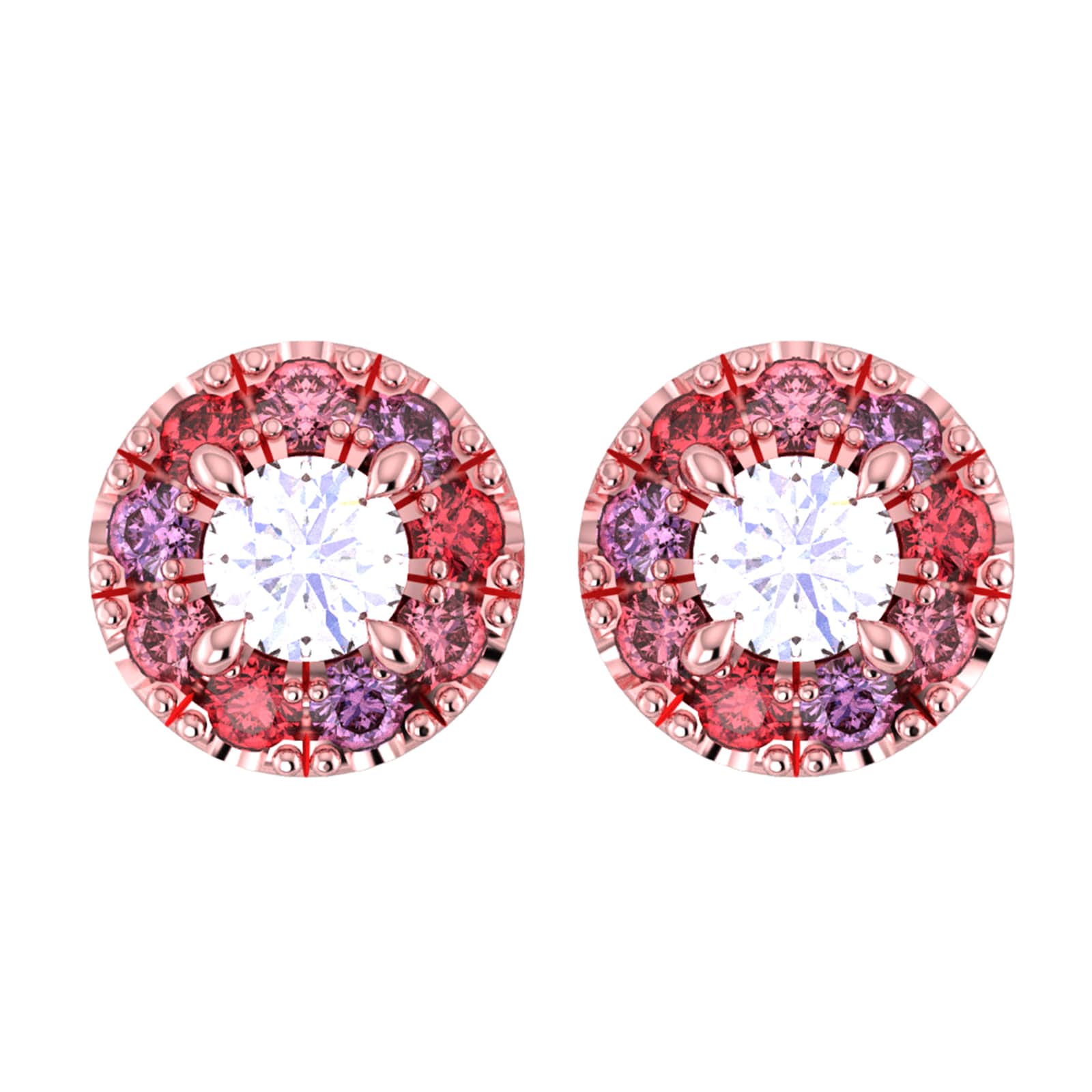 18ct Rose Gold Diamond & Red, Pink, Purple Sapphire Halo Stud Earrings