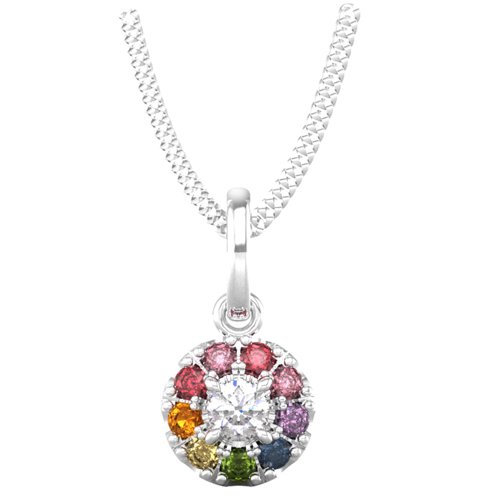 By Request 9ct White Gold Diamond & Rainbow Sapphire Halo Pendant & Chain